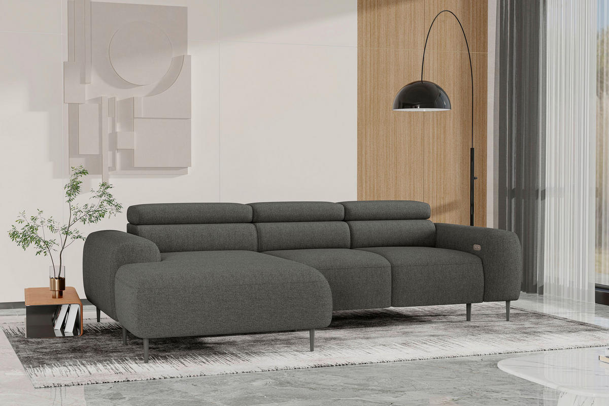 ECKSOFA Anthrazit Struktur Rücken echt, Kopfteilverstellung, Sitztiefenverstellung  - Anthrazit/Schwarz, MODERN, Textil/Metall (179/274cm) - Welnova
