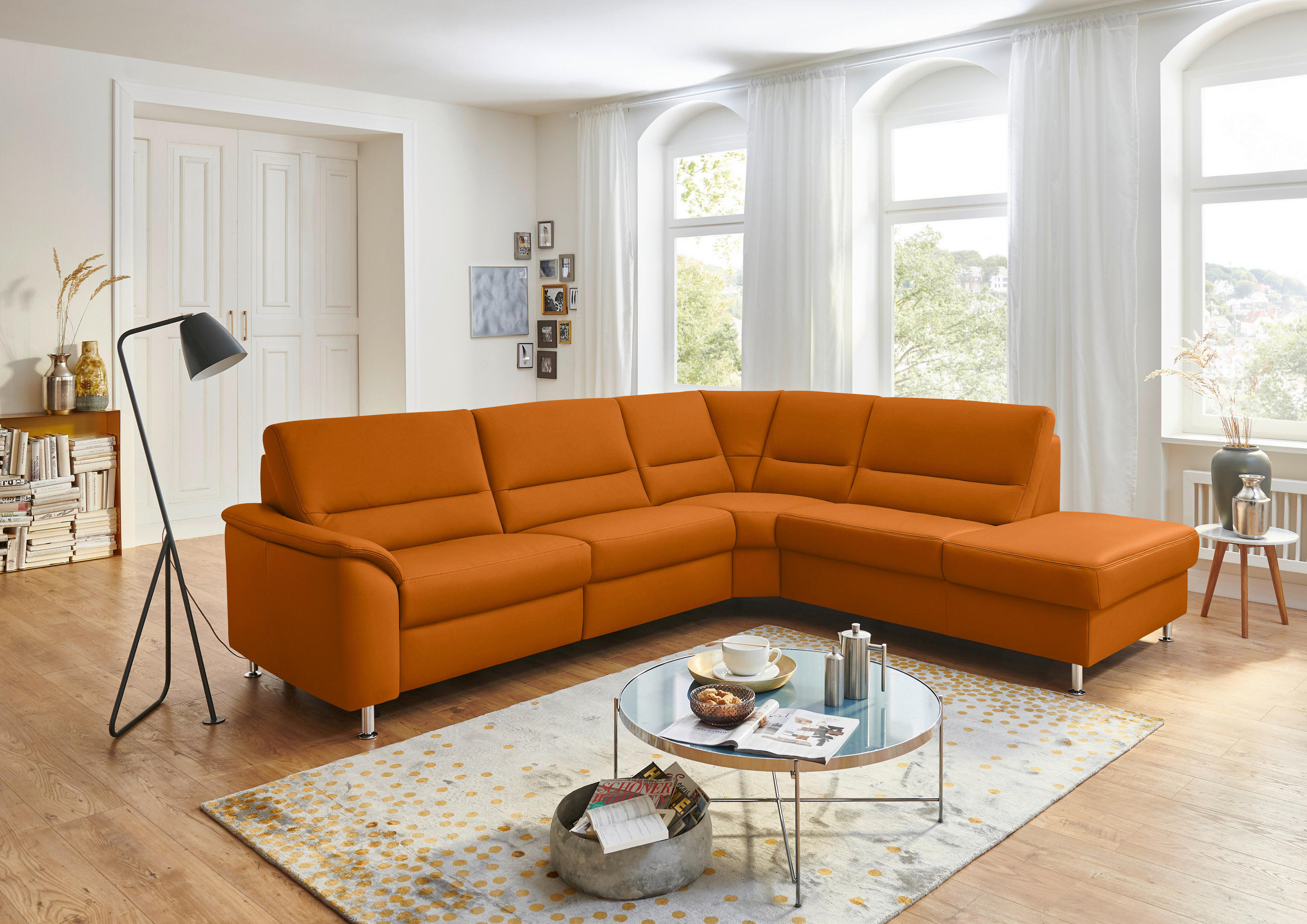 ECKSOFA in Echtleder Orange  290/249 cm  - Alufarben/Orange, KONVENTIONELL, Leder/Metall (290/249cm) - Beldomo Premium