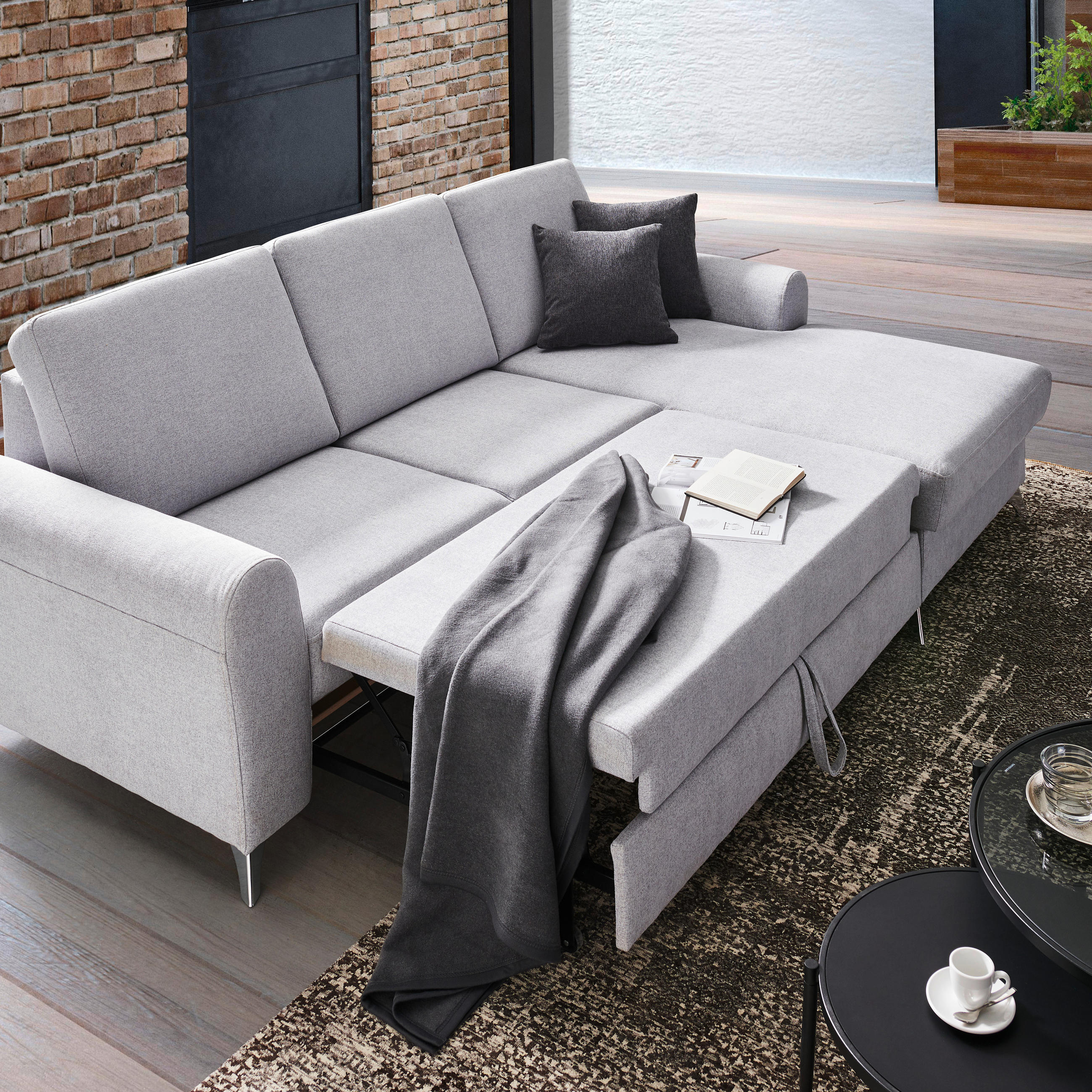 ECKSOFA inkl.Funktion Hellgrau Flachgewebe  - Silberfarben/Hellgrau, Design, Textil/Metall (244/167cm) - Cantus