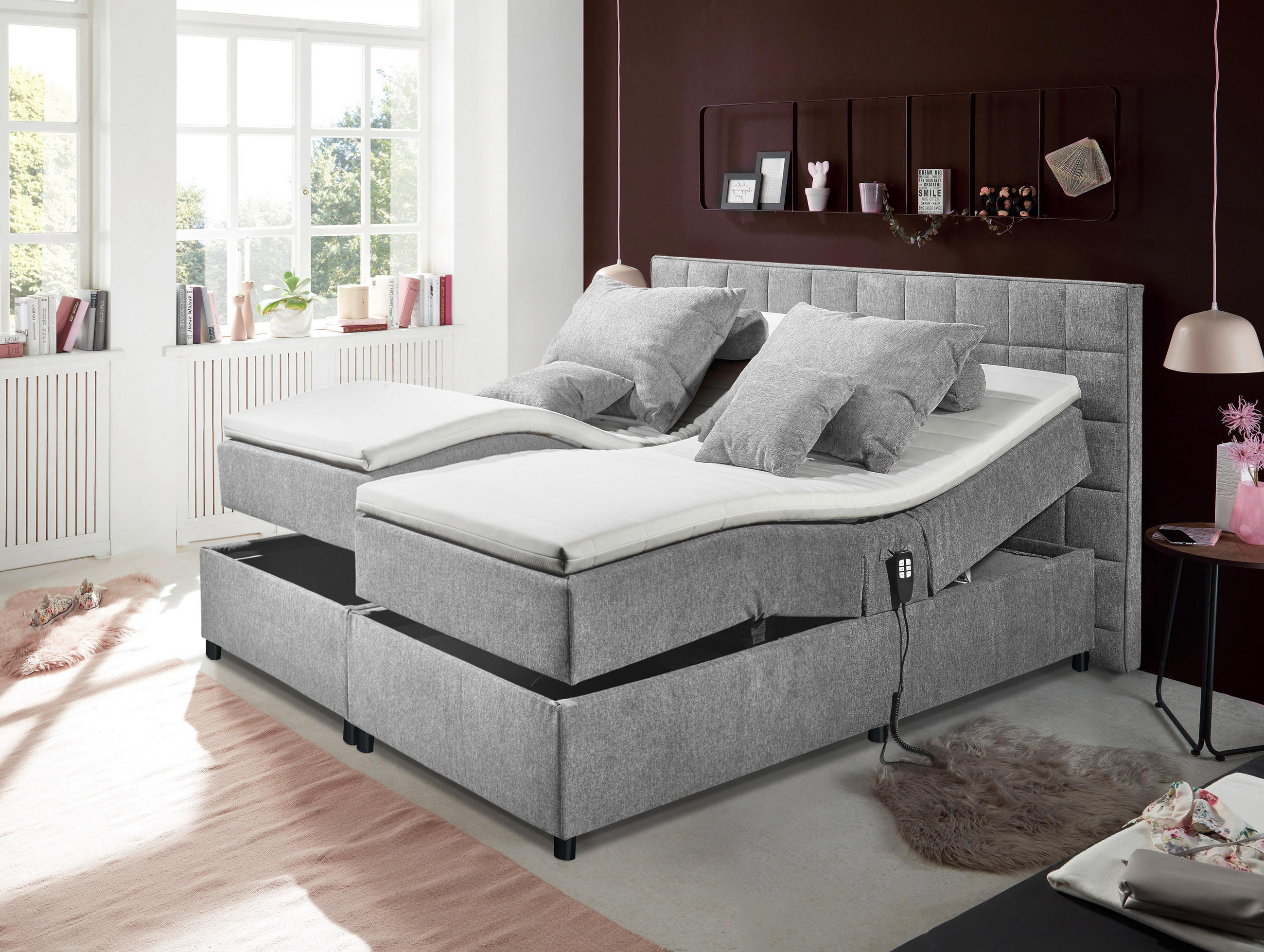 BOXSPRINGBETT 180/200 cm,  in Hellgrau, Matratze, Topper, motorische Verstellbarkeit, H2 + H2 = mittel  - Silberfarben/Hellgrau, Basics, Kunststoff/Textil (180/200cm) - MID.YOU