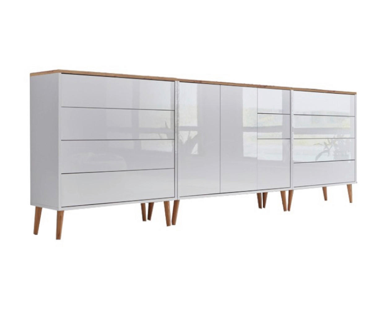 Mid.you Sideboard Mailand Set 8 + HF Weiß, Eiche Artisan, Weiß Hochglanz 263.5x86x33 cm