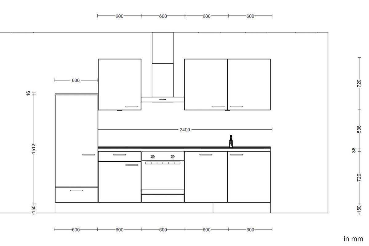 KÜCHENLEERBLOCK 300 cm   in Grau, Eiche dunkel  - Eiche dunkel/Schwarz, MODERN, Holzwerkstoff/Metall (300cm) - Nobilia