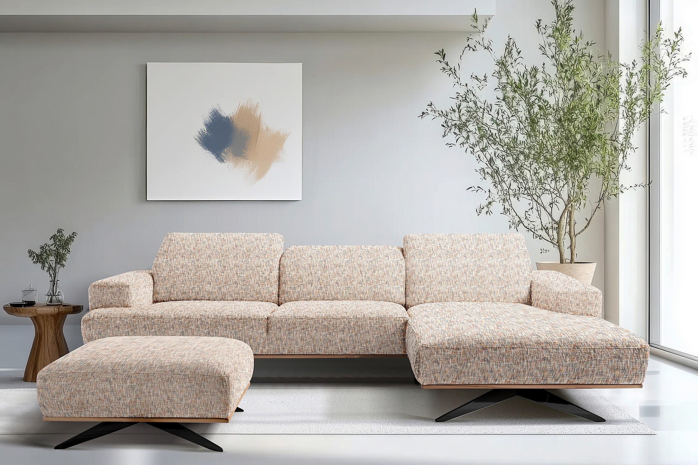 ECKSOFA PORTLAND in Struktur Blau, Gelb, Rot, Weiß Kopfteilverstellung  295/187 cm  - Blau/Gelb, Design, Holz/Textil (295/187cm) - Livetastic