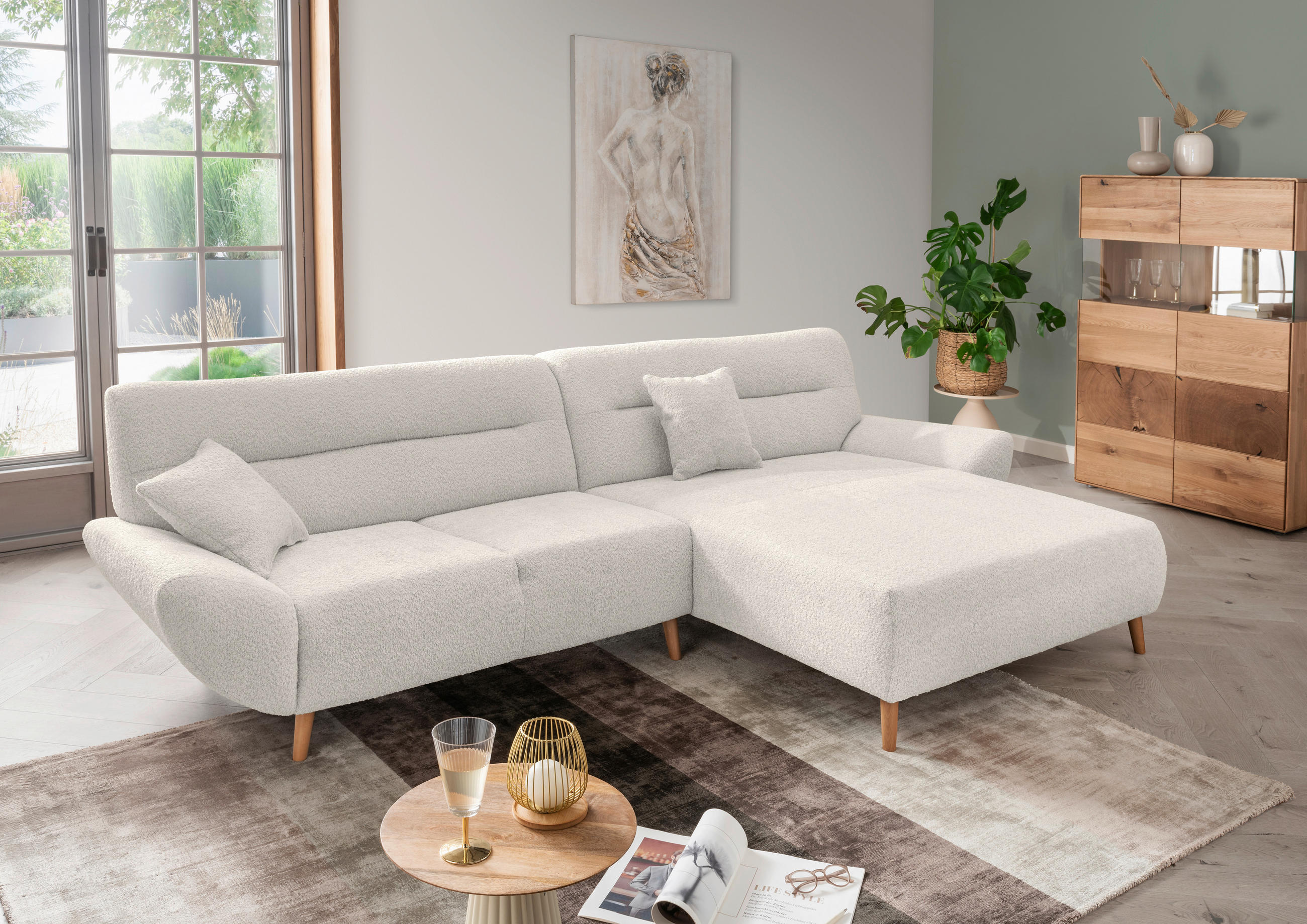ECKSOFA in Bouclé Weiß 290/166 cm - Wildeiche/Weiß, KONVENTIONELL, Holz/Textil (290/166cm) - MID.YOU