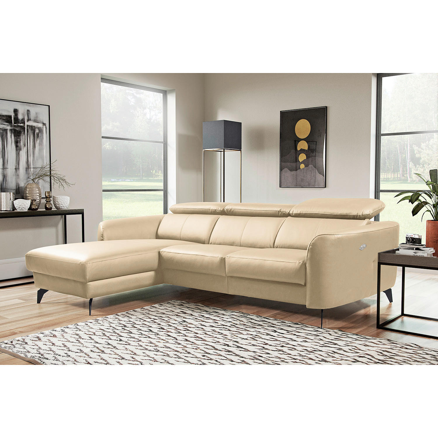 ECKSOFA Beige Echtleder Lederlook  - Beige/Schwarz, Design, Leder/Textil (183/261cm) - Livetastic
