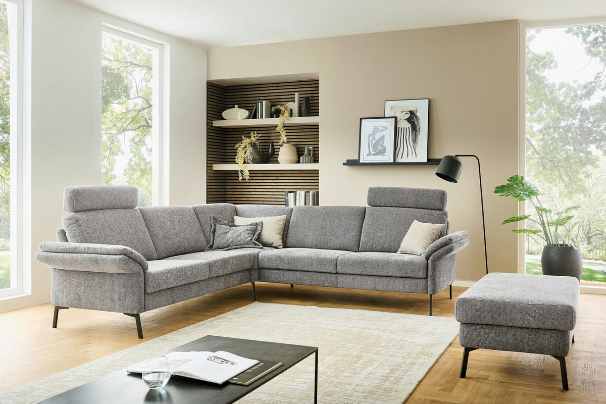 ECKSOFA Platinfarben Flachgewebe  - Platinfarben/Schwarz, KONVENTIONELL, Textil/Metall (253/273cm) - Pure Home Comfort