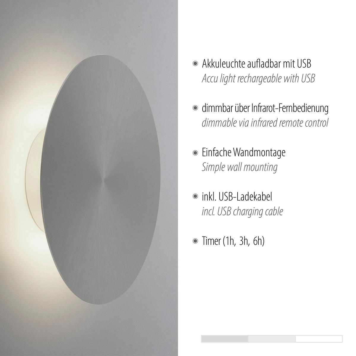 AKKU-WANDLEUCHTE - Grau, Design, Kunststoff/Metall (25/6,5cm) - Paul Neuhaus