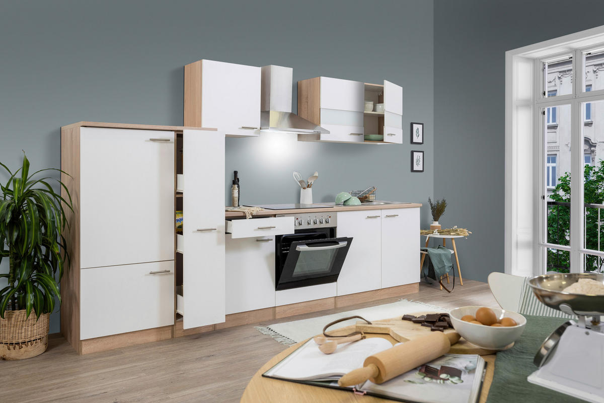 KÜCHENLEERBLOCK 300 cm   in Weiss, Eichefarben  - Weiss/Edelstahlfarben, Basics, Holzwerkstoff/Metall (300cm) - Respekta