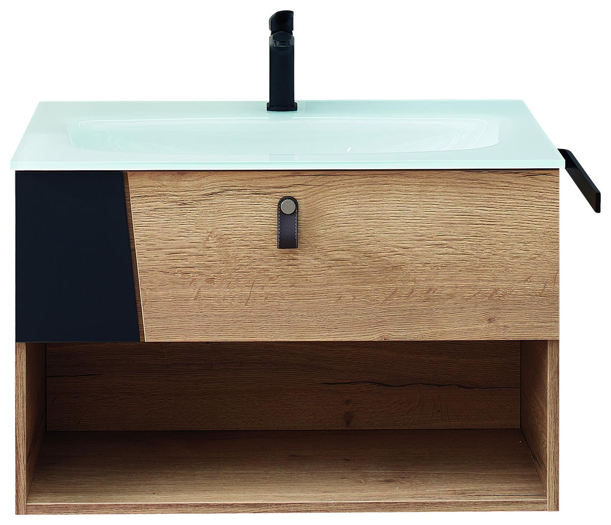 WASCHTISCHKOMBI 77 cm  - Eichefarben/Schwarz, KONVENTIONELL, Leder/Glas (77cm) - Sadena