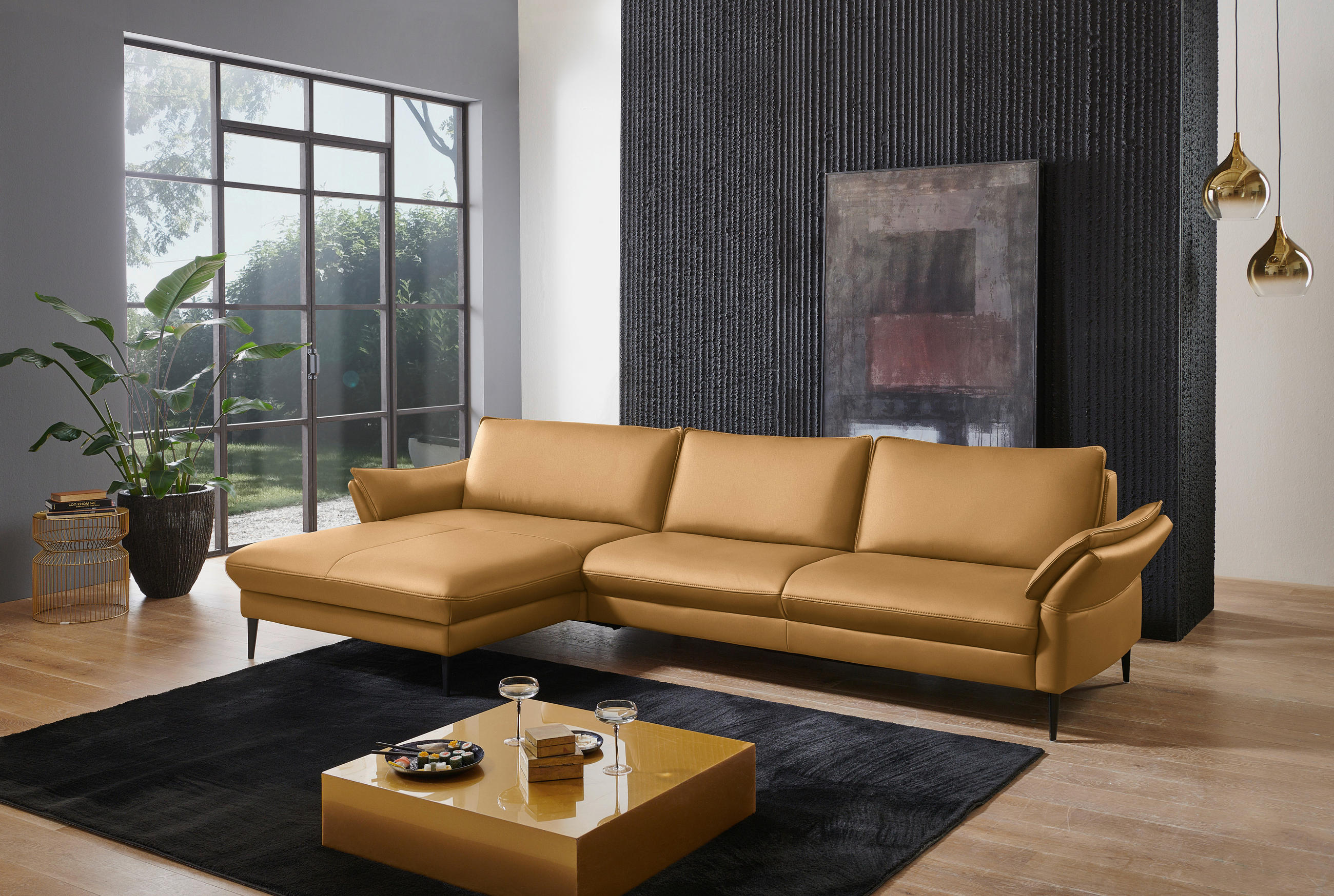 ECKSOFA in Echtleder Currygelb  - Currygelb/Schwarz, Design, Leder/Metall (172/334cm) - Valdera