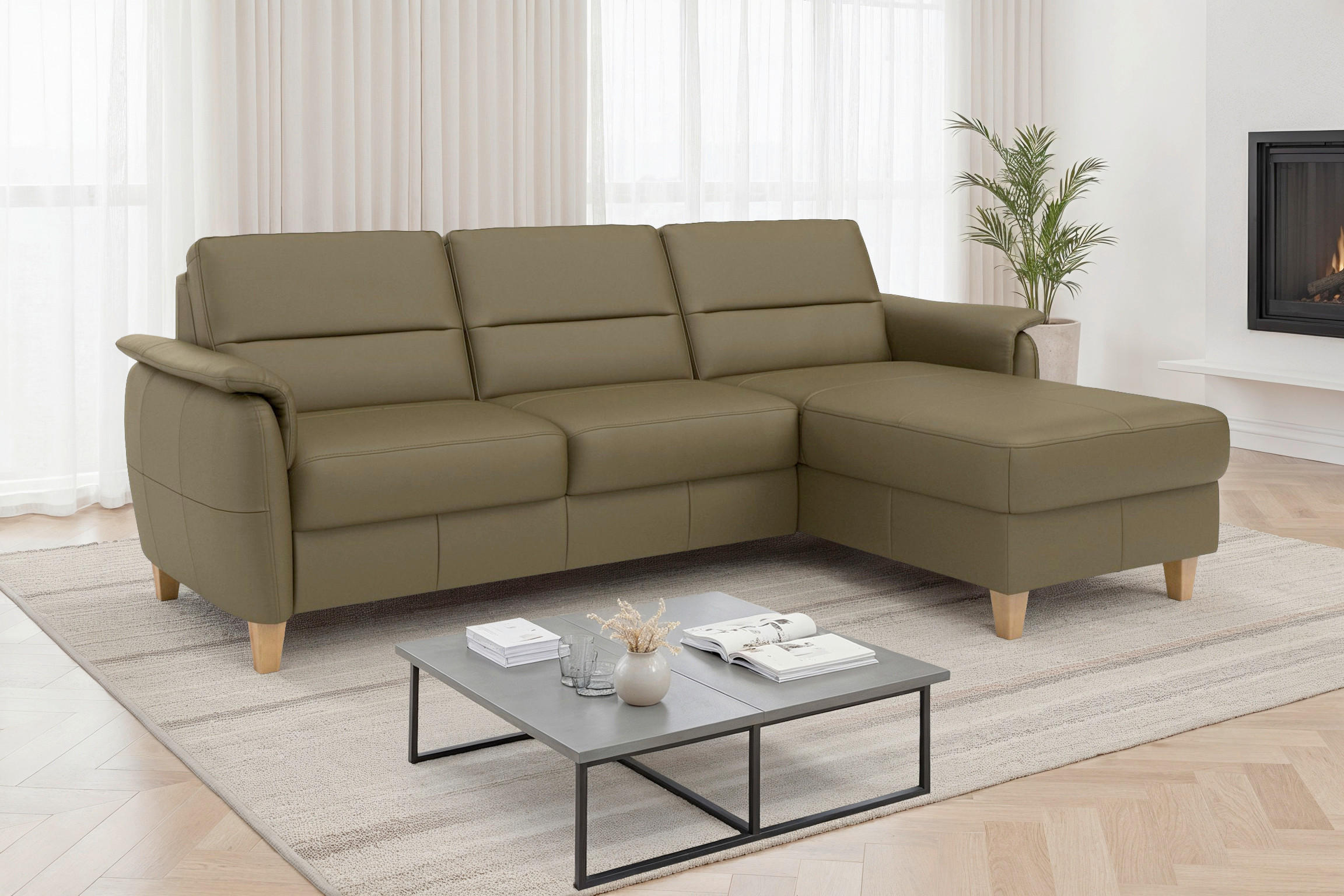 ECKSOFA PALMERA E in Echtleder Olivgrün  244/163 cm  - Eichefarben/Olivgrün, Basics, Leder/Holz (244/163cm) - Sit & More