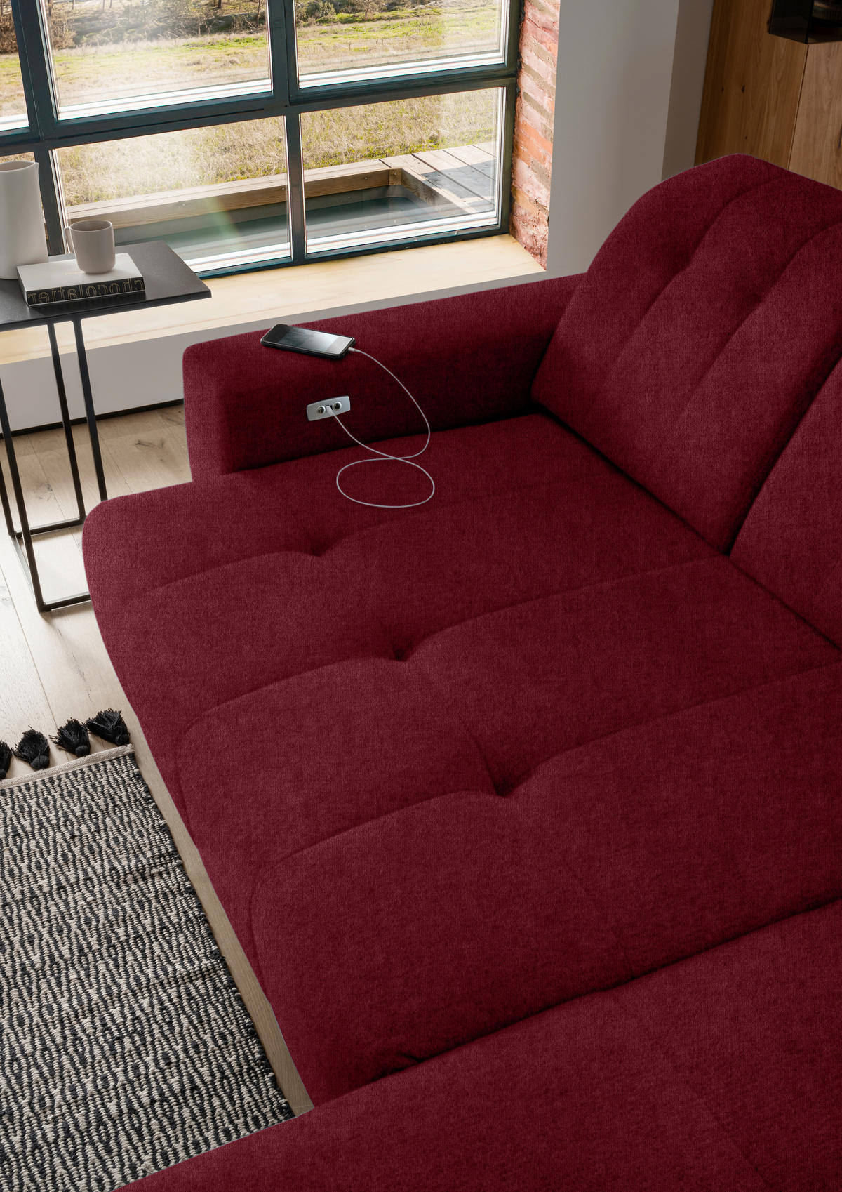 ECKSOFA in Mikrofaser Bordeaux  - Bordeaux/Schwarz, Modern, Textil/Metall (261/200cm) - Livetastic