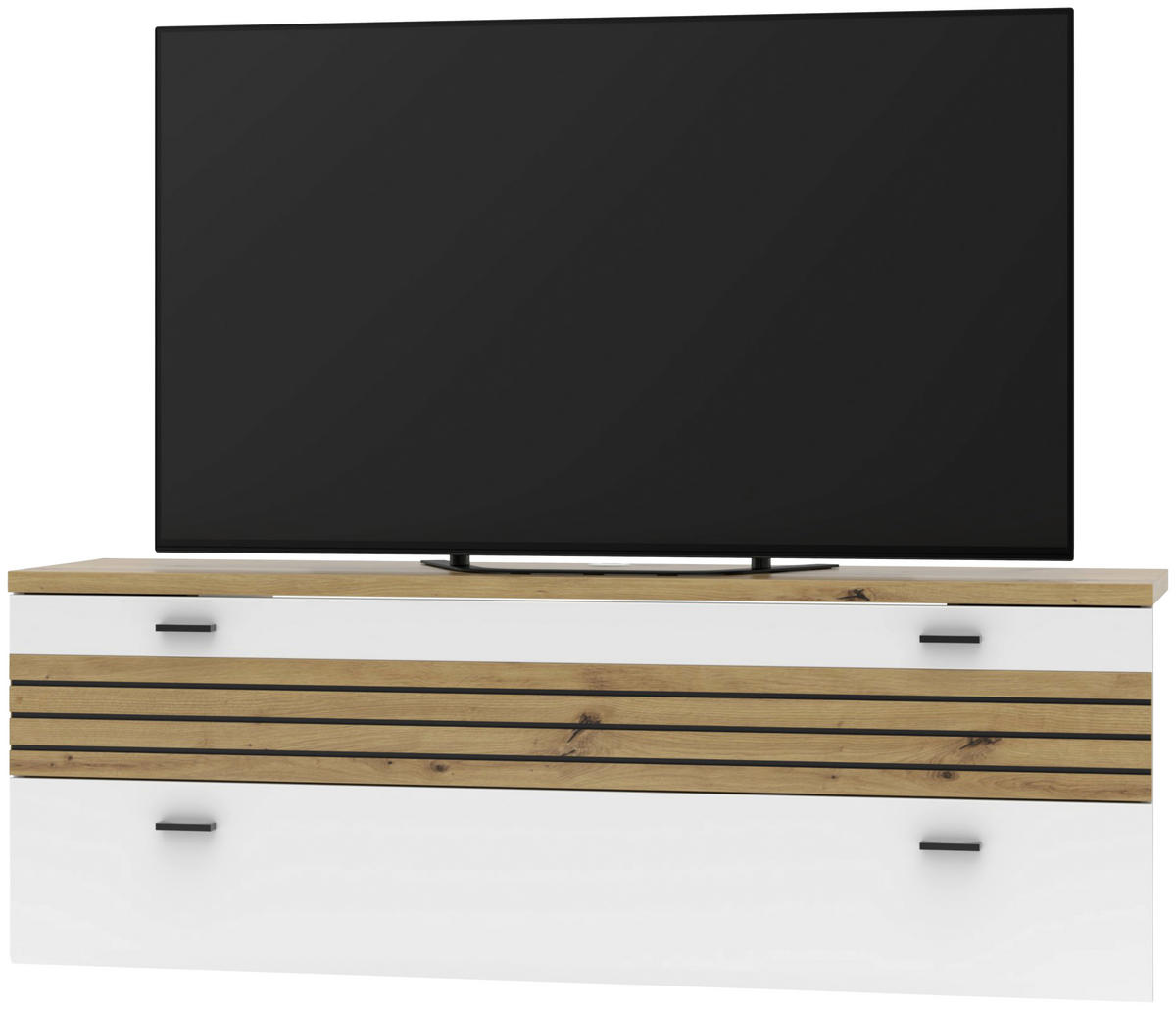 KOMODA POD TELEVIZI, bílá, dub artisan, 150/53/40 cm - bílá/černá, Design, kov/kompozitní dřevo (150/53/40cm) - Hom`in