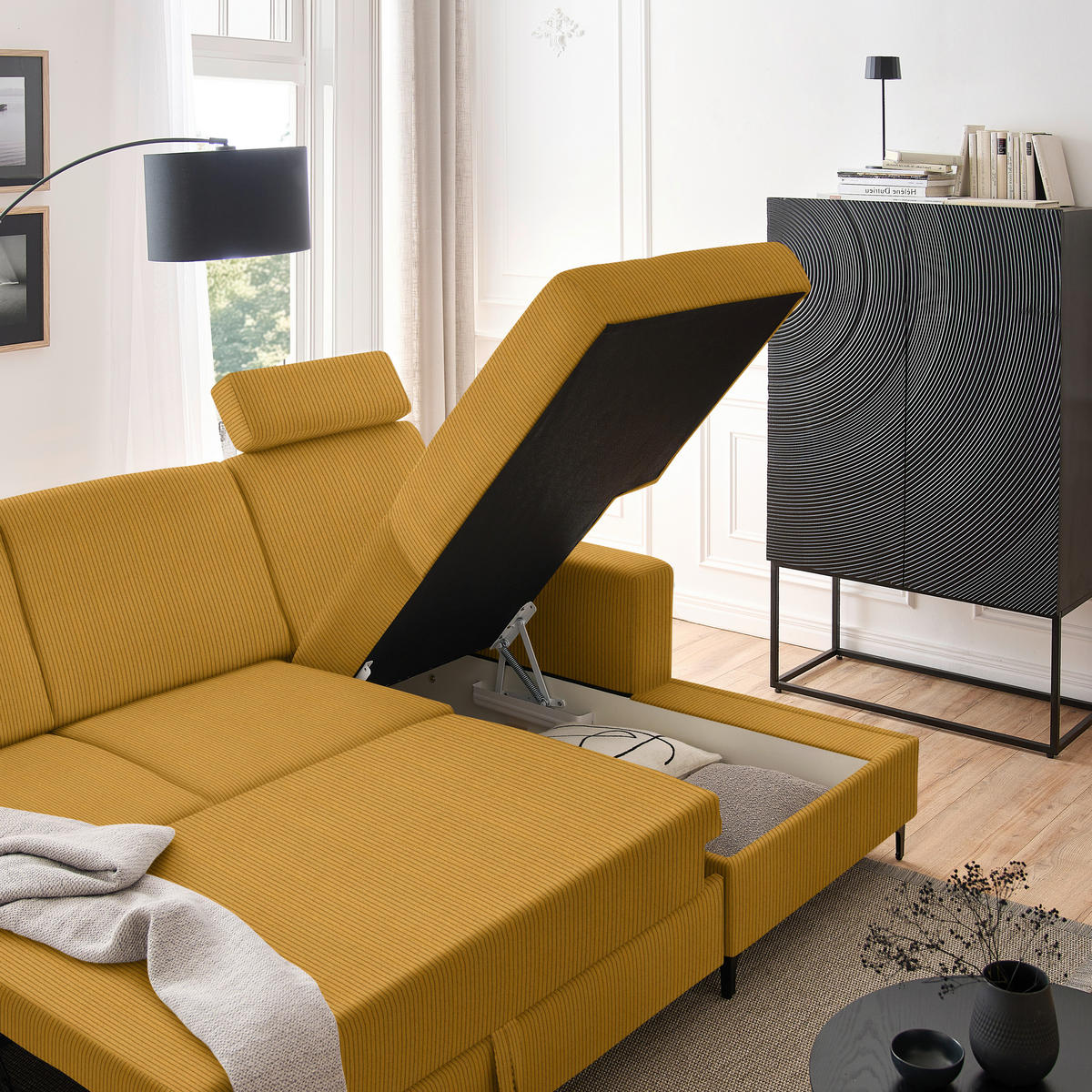 ECKSOFA Currygelb Cord  - Currygelb/Schwarz, KONVENTIONELL, Textil/Metall (247/167cm) - Stylife
