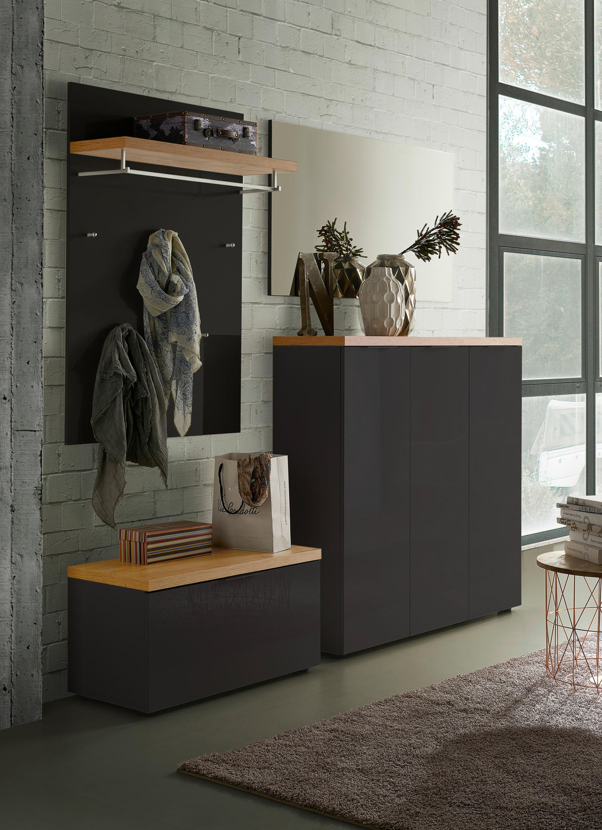 SKOSKÅP 120/115/34 cm  - aluminiumfärg/antracit, Design (120/115/34cm) - Xora