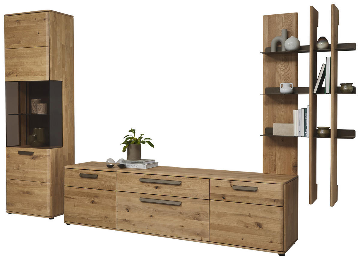 WOHNWAND  in Bronzefarben, Wildeiche  333,6/207/45,2 cm  - Wildeiche/Schwarz, Natur, Glas/Holz (333,6/207/45,2cm) - Valnatura