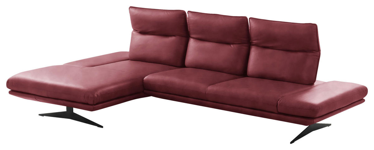 ECKSOFA Kirschrot Echtleder Armteilverstellung, Kopfteilverstellung, Sitztiefenverstellung  - Schwarz/Kirschrot, Design, Leder/Metall (180/291cm) - Celina Home
