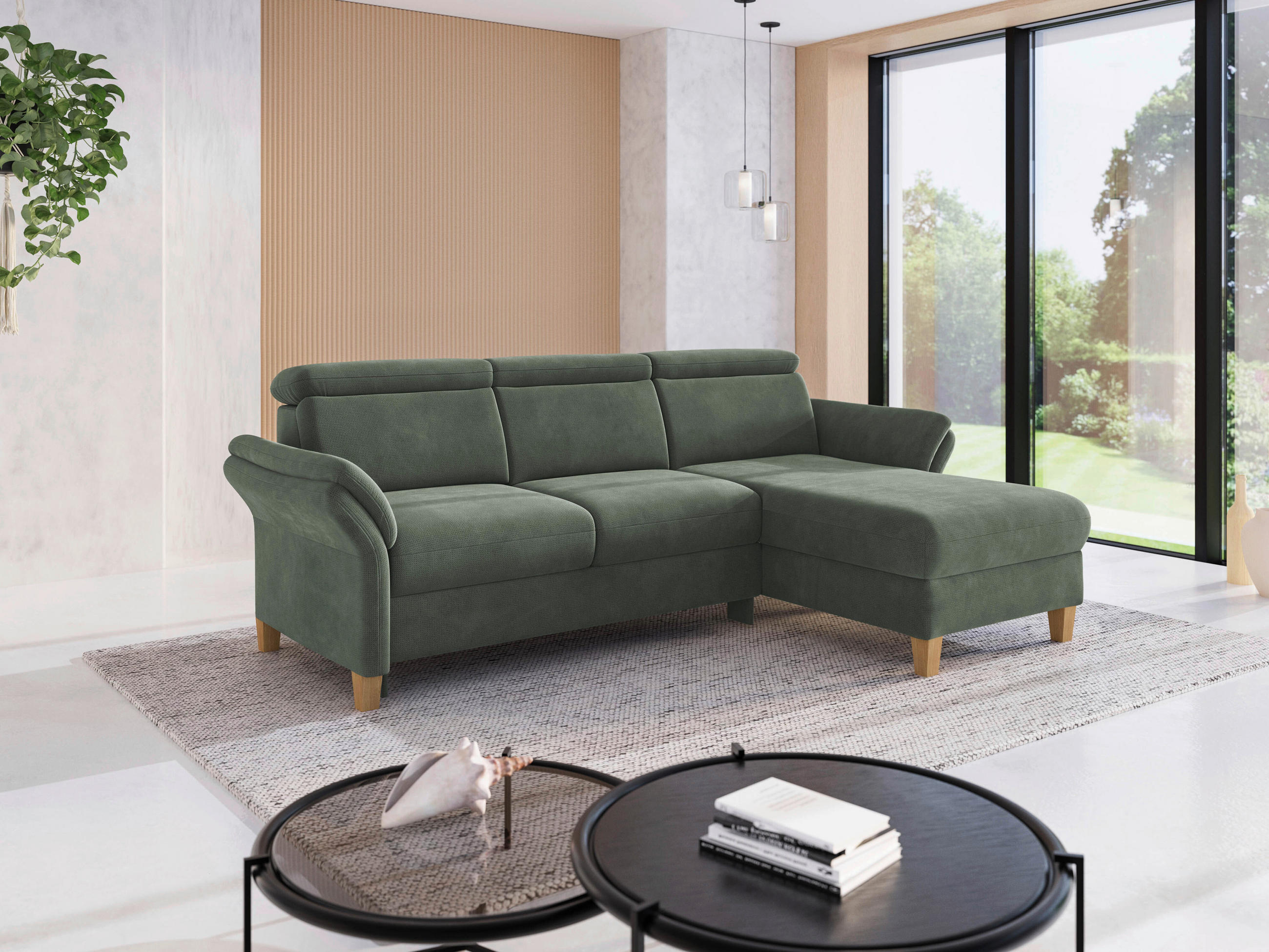 ECKSOFA GLENDALE E Dunkelgrün Flachgewebe  - Dunkelgrün/Eichefarben, KONVENTIONELL, Holz/Textil (253/166cm) - Sit & More