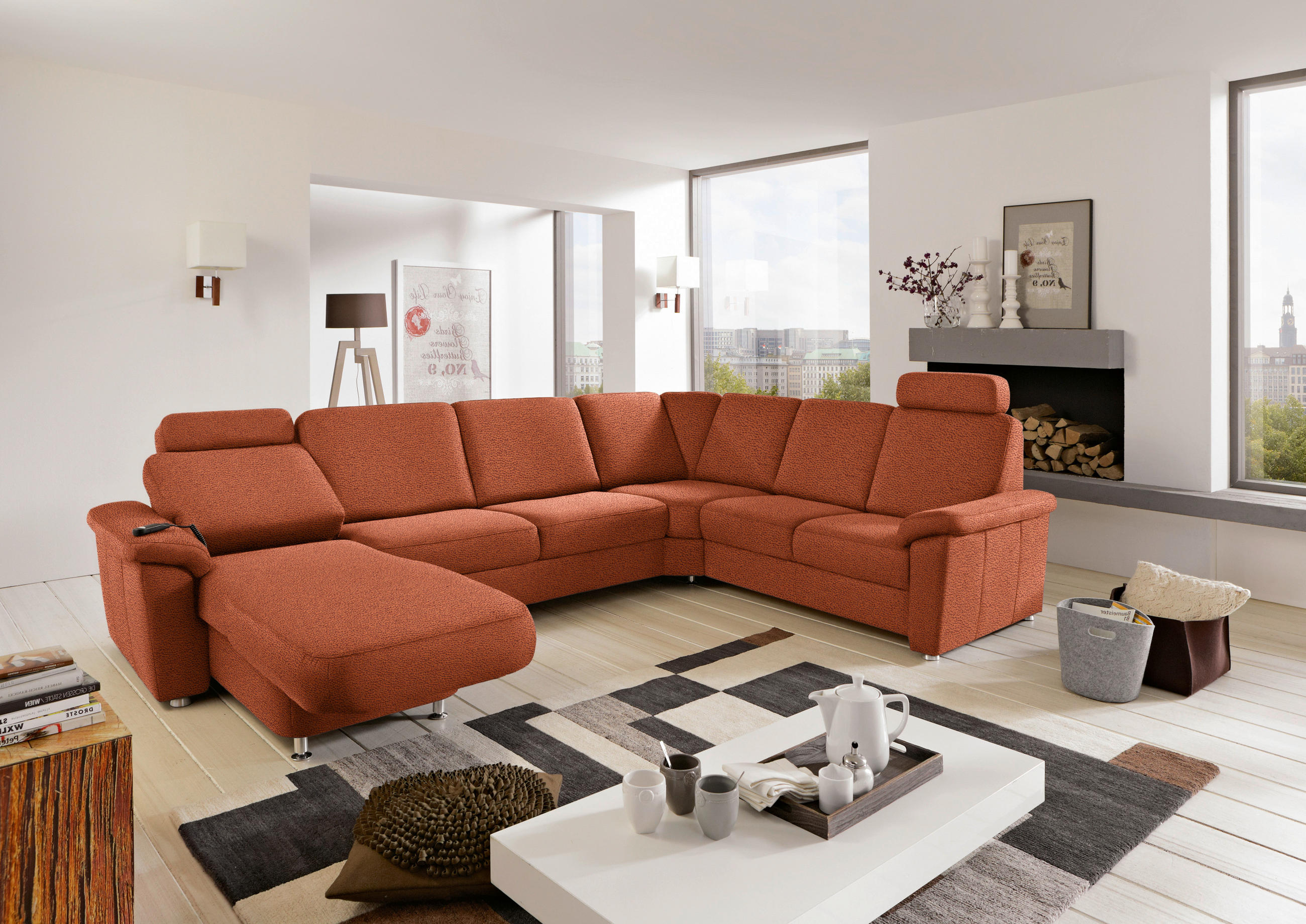 WOHNLANDSCHAFT Terracotta Flachgewebe  - Chromfarben/Terracotta, KONVENTIONELL, Textil/Metall (163/336/240cm) - Beldomo System