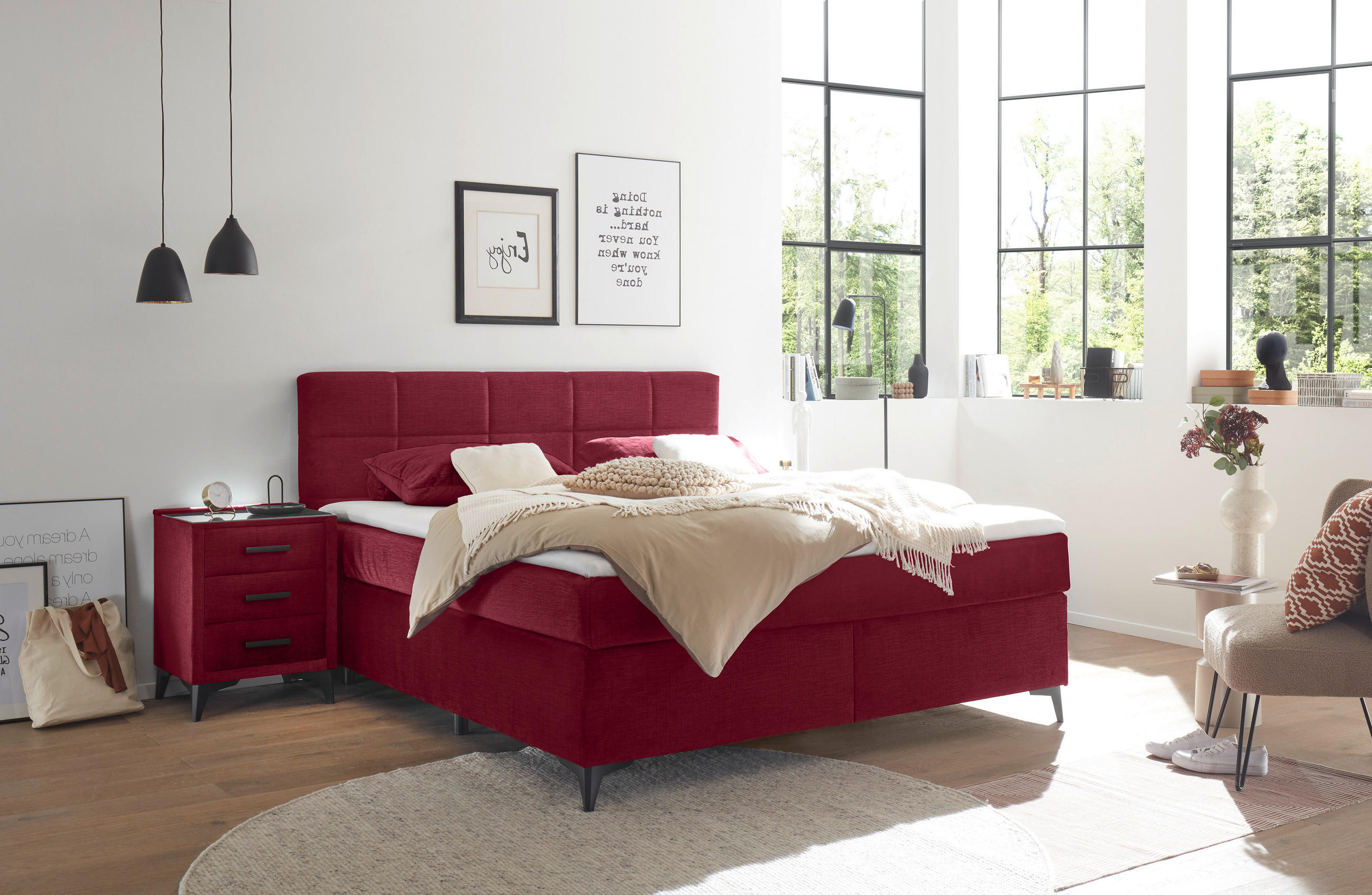 BOXSPRINGBETT 180/200 cm  in Bordeaux  - Bordeaux/Schwarz, Design, Holzwerkstoff/Kunststoff (180/200cm) - Xora