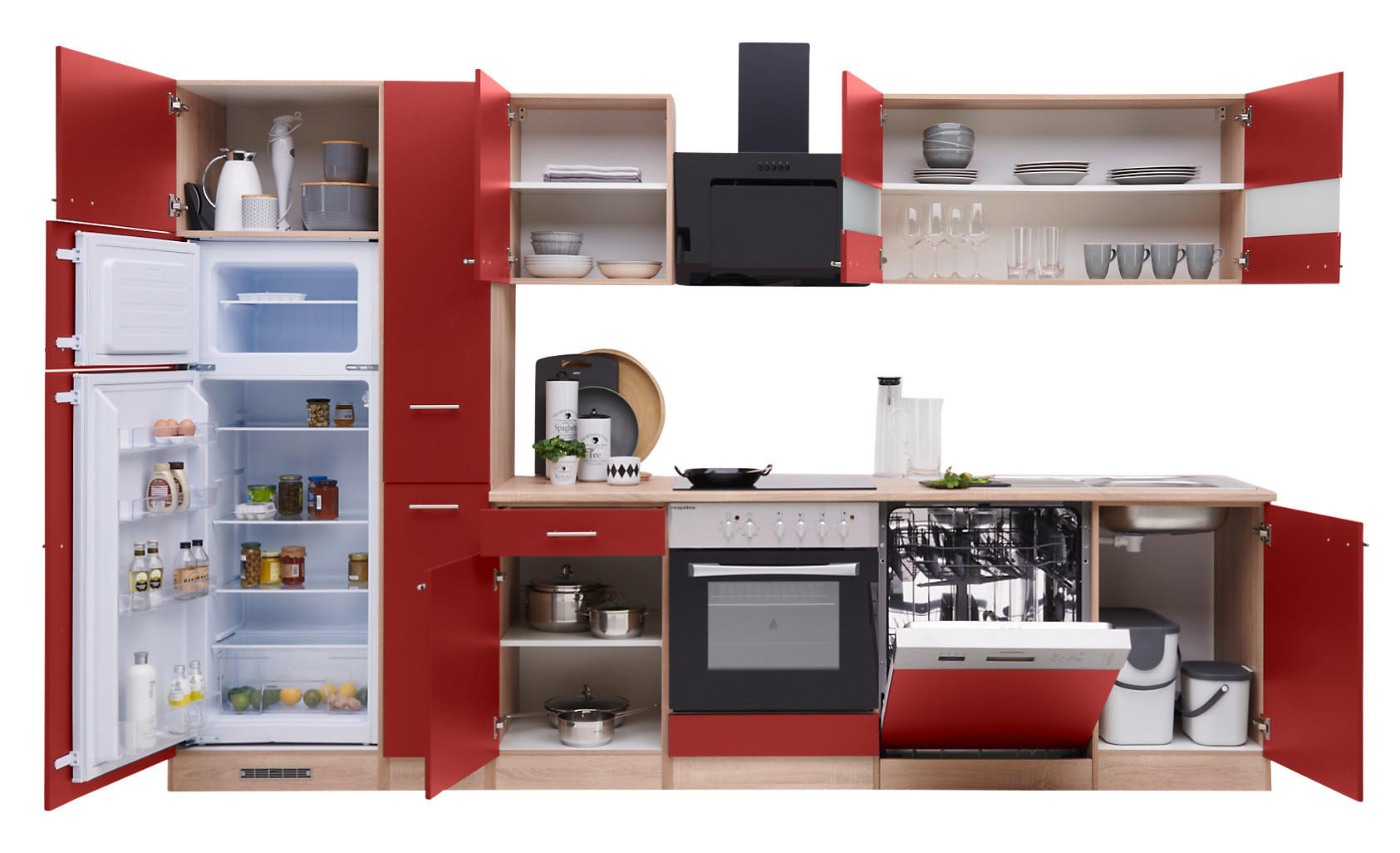 KÜCHENBLOCK 310 cm Rot, Eichefarben E-Geräte, Spüle, Geschirrspüler, Kühlgefrierkombination - Eichefarben/Rot, Basics (310cm) - Respekta