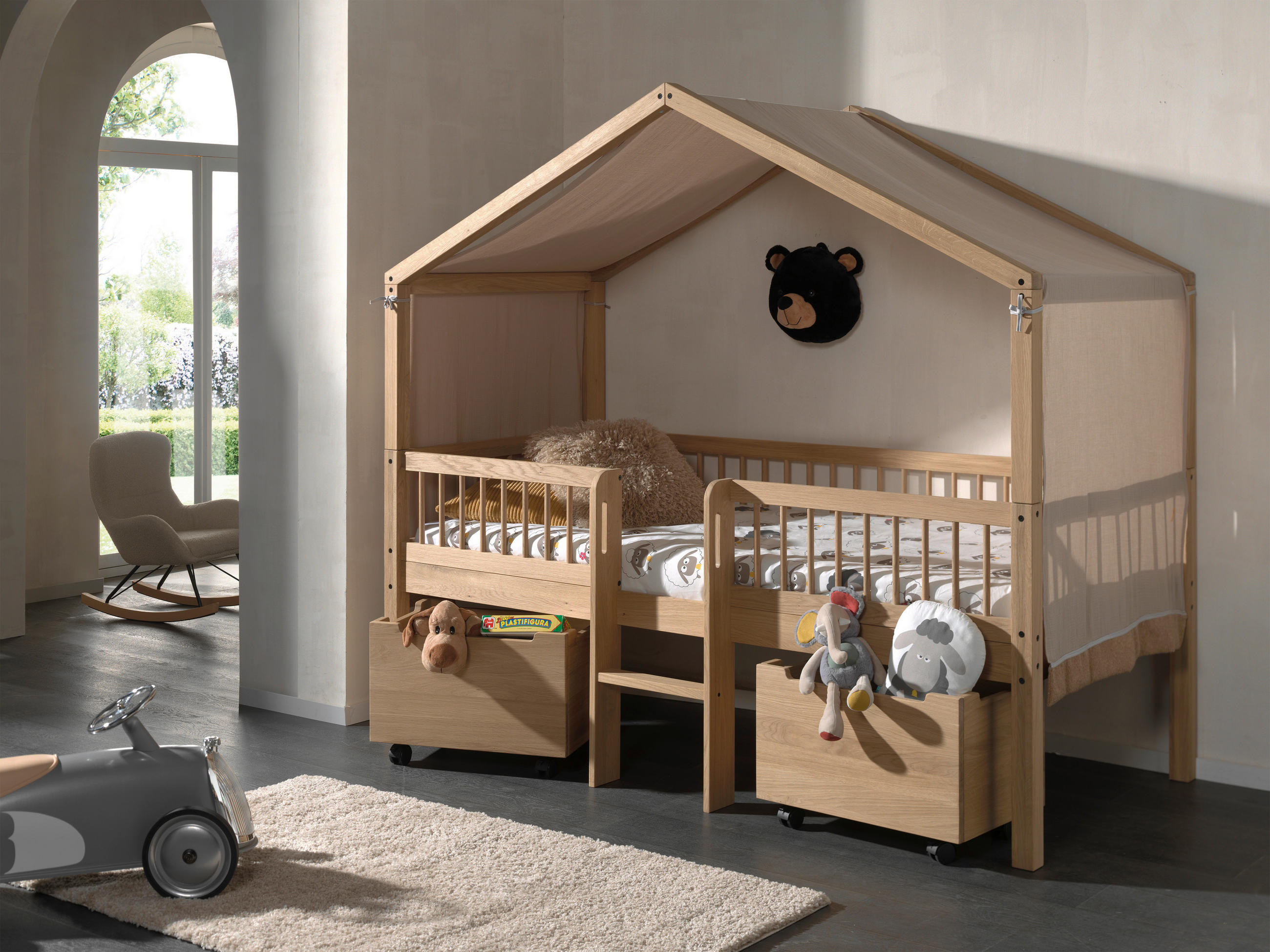 HAUSBETT Absturzsicherung, Leiter, Rollrost, Bettschublade 90/200 cm in Eichefarben - Eichefarben/Naturfarben, MODERN, Holz (90/200cm) - MID.YOU