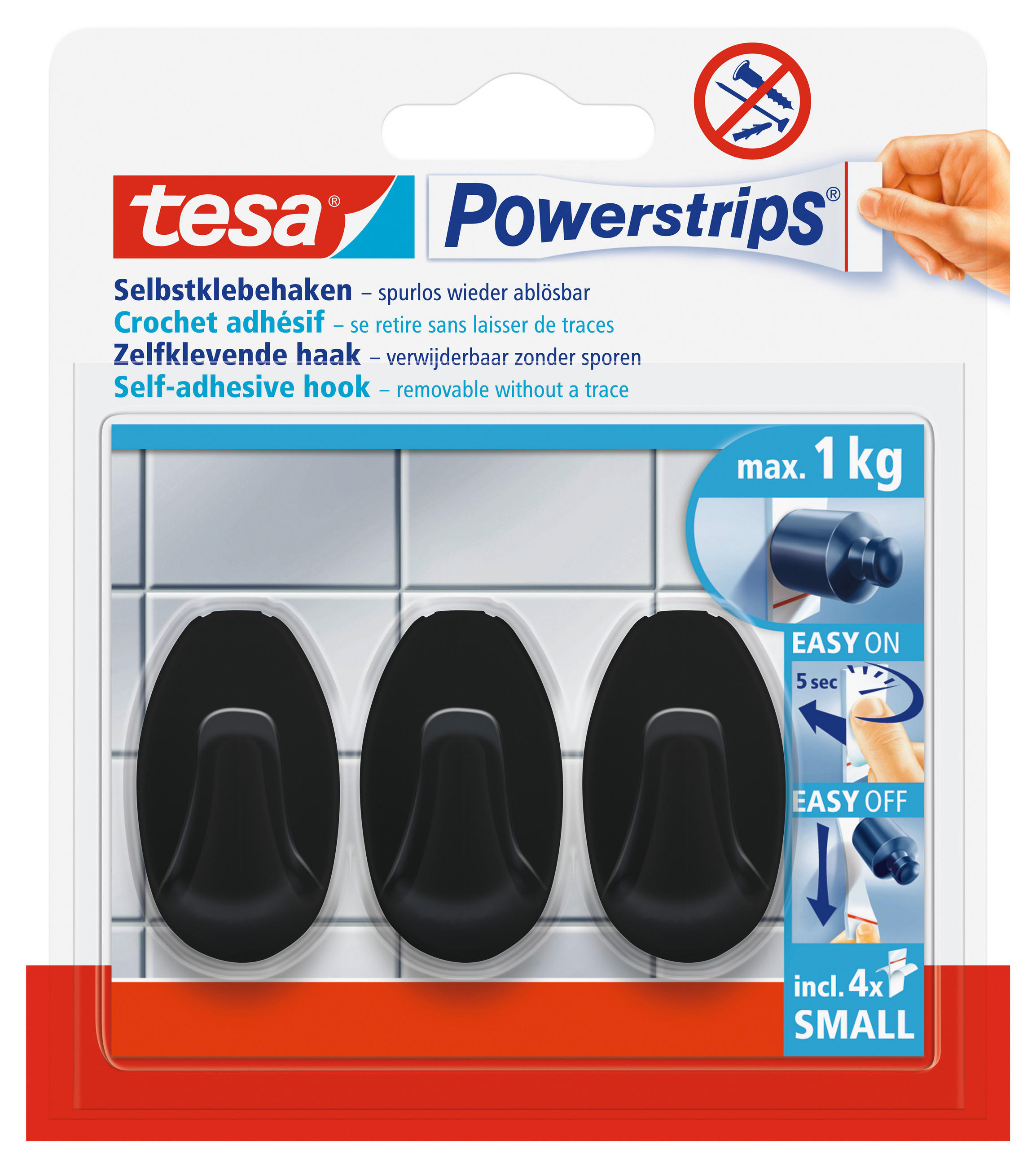 KLEBEHAKEN 3 Stück  in Schwarz  - Schwarz, Basics, Kunststoff (2,5/4,5/1,7cm) - Tesa