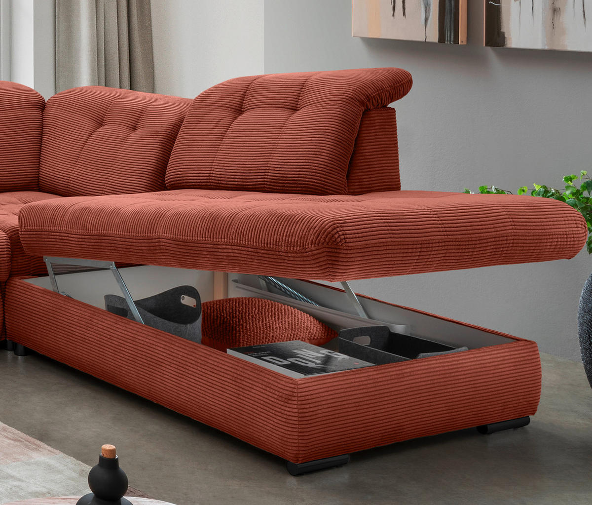 WOHNLANDSCHAFT in Cord Koralle  - Koralle/Schwarz, Modern, Textil/Metall (184/387/252cm) - Livetastic