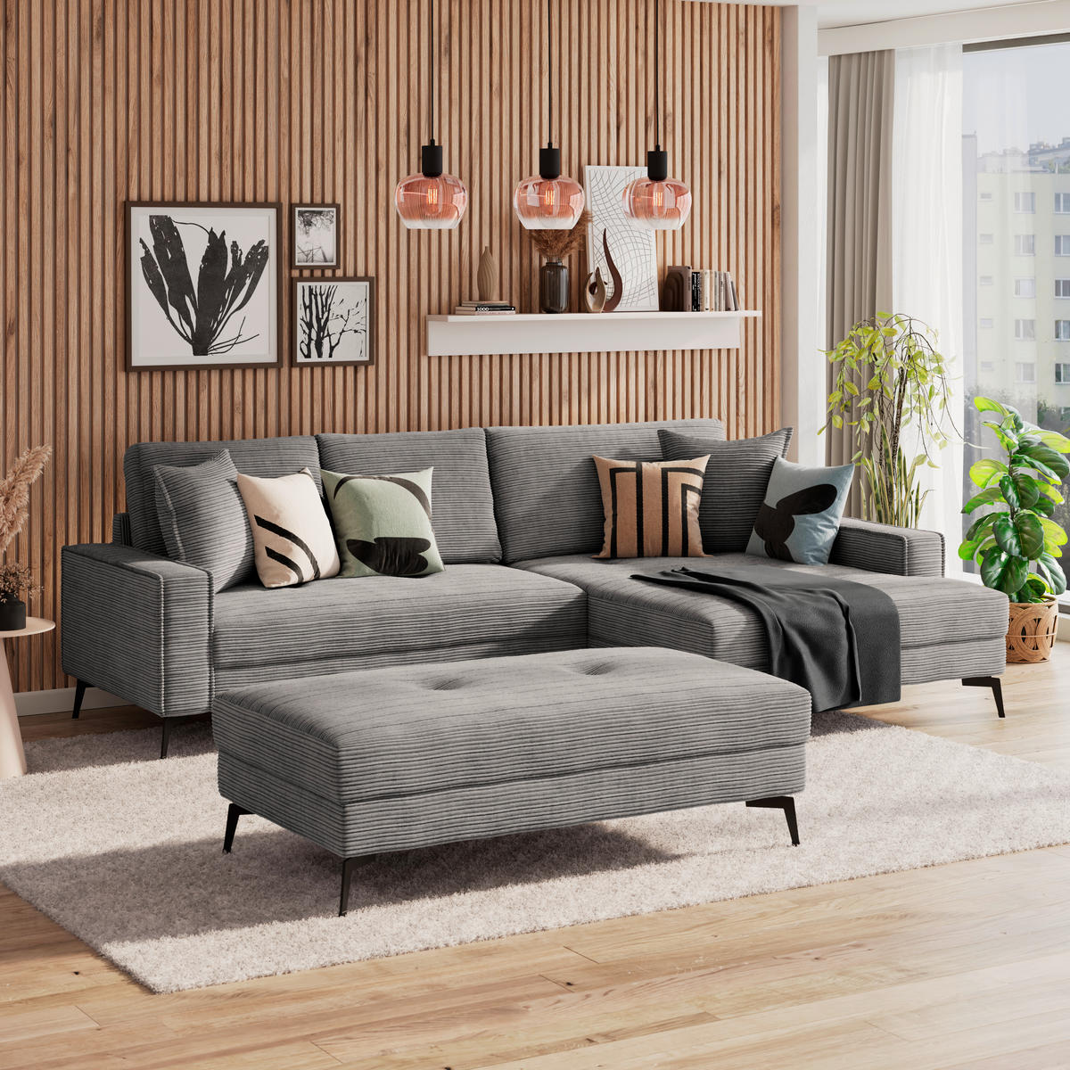 ECKSOFA ZERO Anthrazit Cord Zierkissen, Rückenkissen  - Anthrazit/Schwarz, Trend, Textil/Metall (286/173cm) - Livetastic