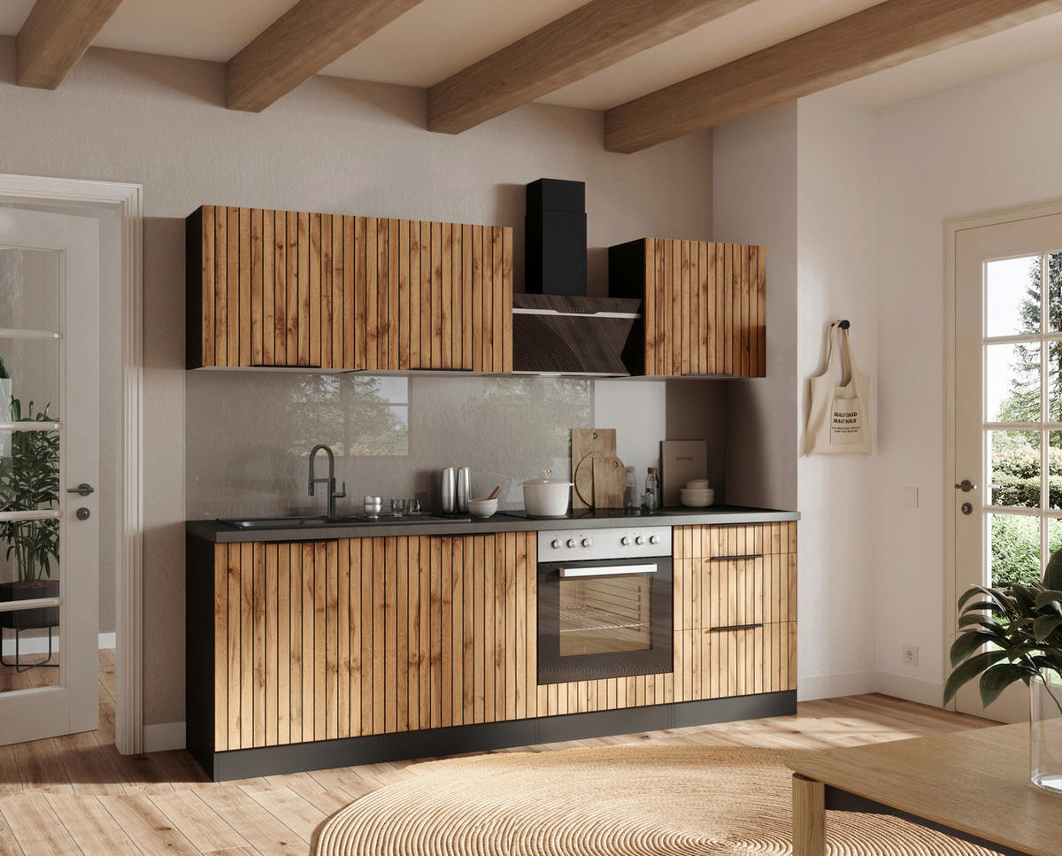 KÜCHENBLOCK 240 cm   in Graphitfarben, Eiche Wotan  - Schieferfarben/Eiche Wotan, Basics, Holzwerkstoff/Metall (240cm) - Held