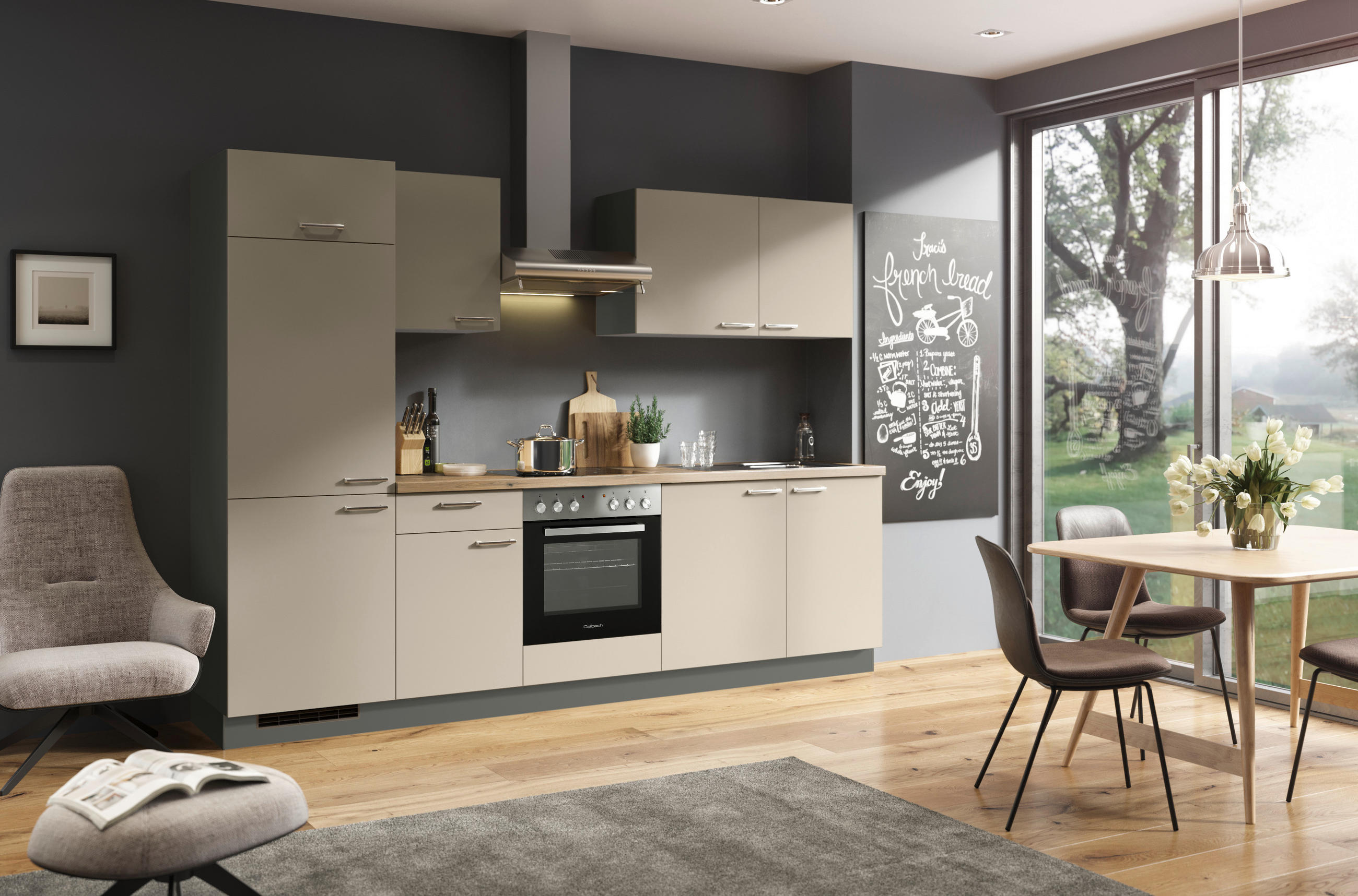 KÜCHENBLOCK 280 cm   in Creme, Anthrazit  - Edelstahlfarben/Anthrazit, Design, Holzwerkstoff/Metall (280cm) - Welnova