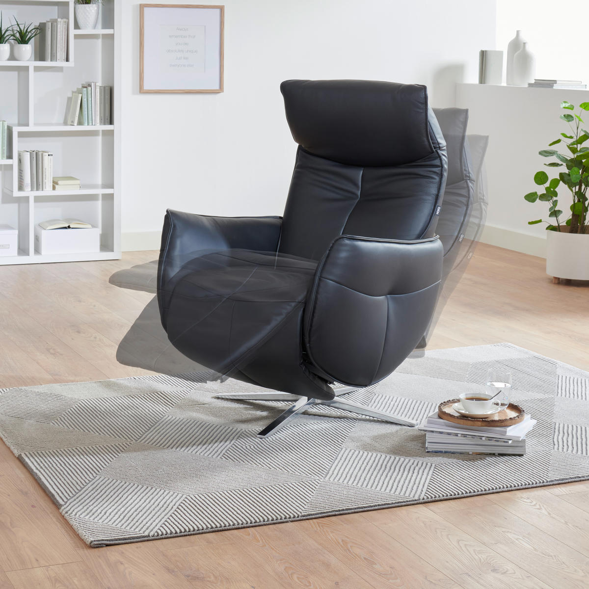 RELAXSESSEL Lederlook Kombination Echtleder/Lederlook Relaxfunktion, Kopfteilverstellung, Fußteilverstellung    - Schwarz/Alufarben, Design, Leder/Textil (83/114/85cm) - Xora