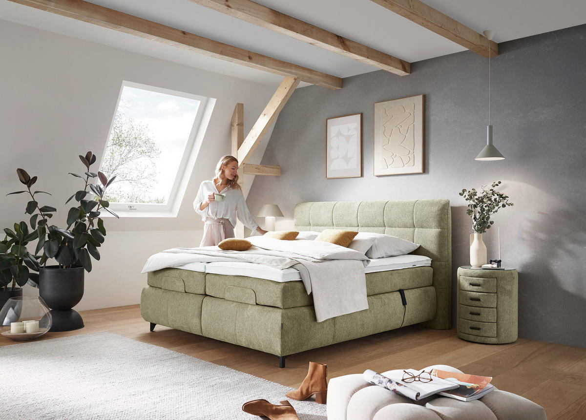 BOXSPRINGBETT 180/200 cm  in Olivgrün  - Schwarz/Olivgrün, KONVENTIONELL, Textil/Metall (180/200cm) - Dieter Knoll