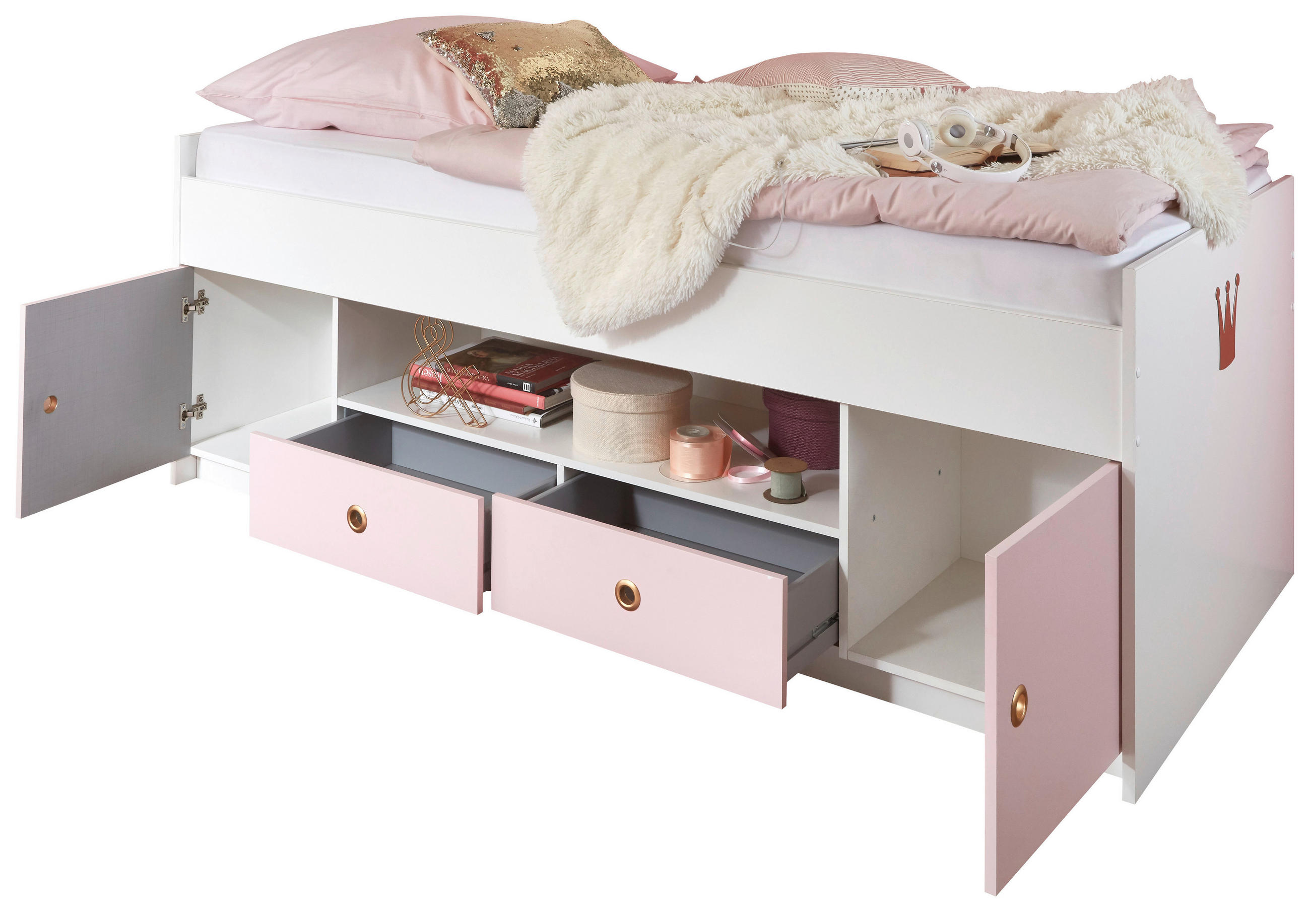 OTROŠKA/MLADINSKA POSTELJA 204/74/95 cm  - roza/bela, Konvencionalno, leseni material/les (204/74/95cm) - Ti'me