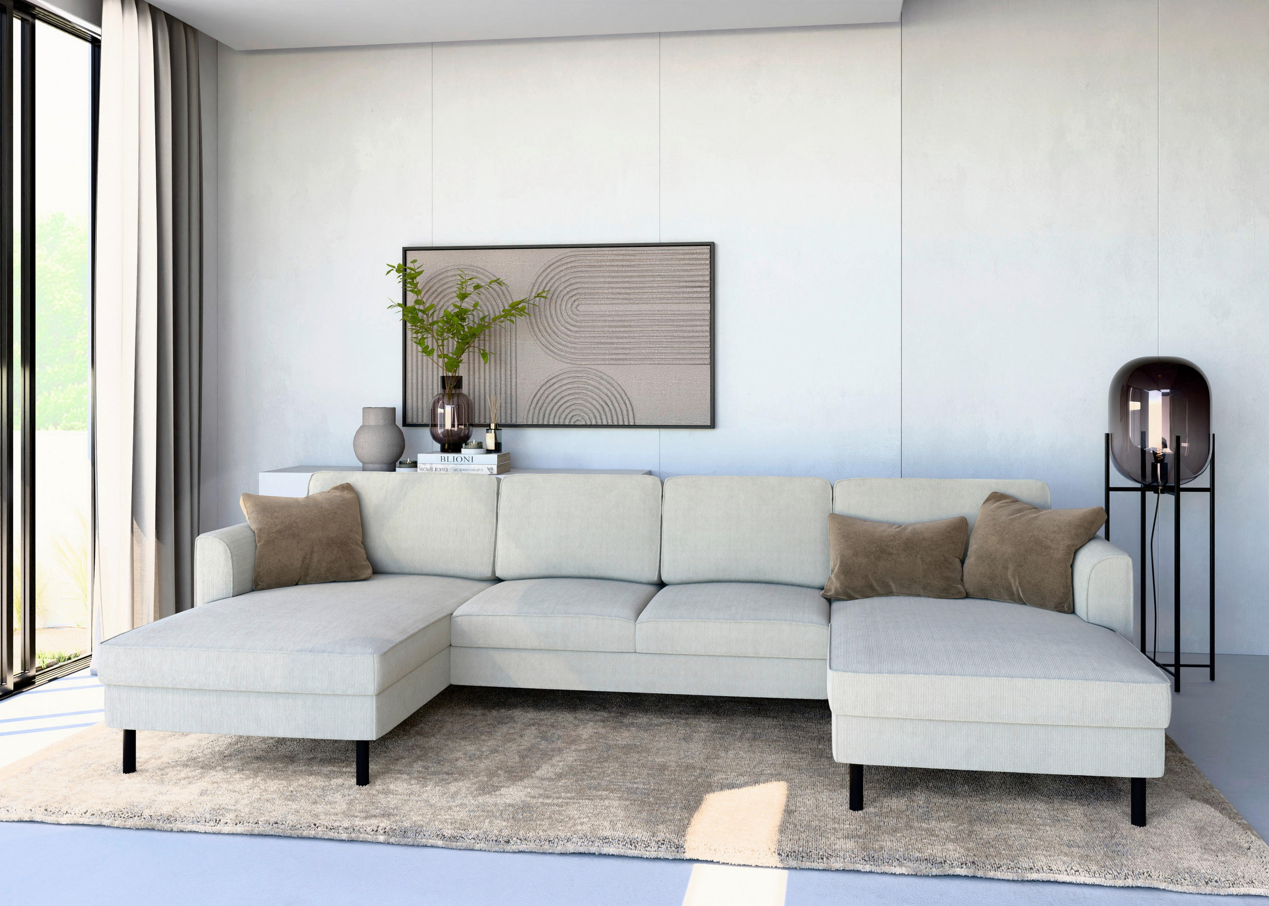 WOHNLANDSCHAFT Creme Cord  - Creme/Schwarz, MODERN, Textil/Metall (161/306/161cm) - Trendmanufaktur