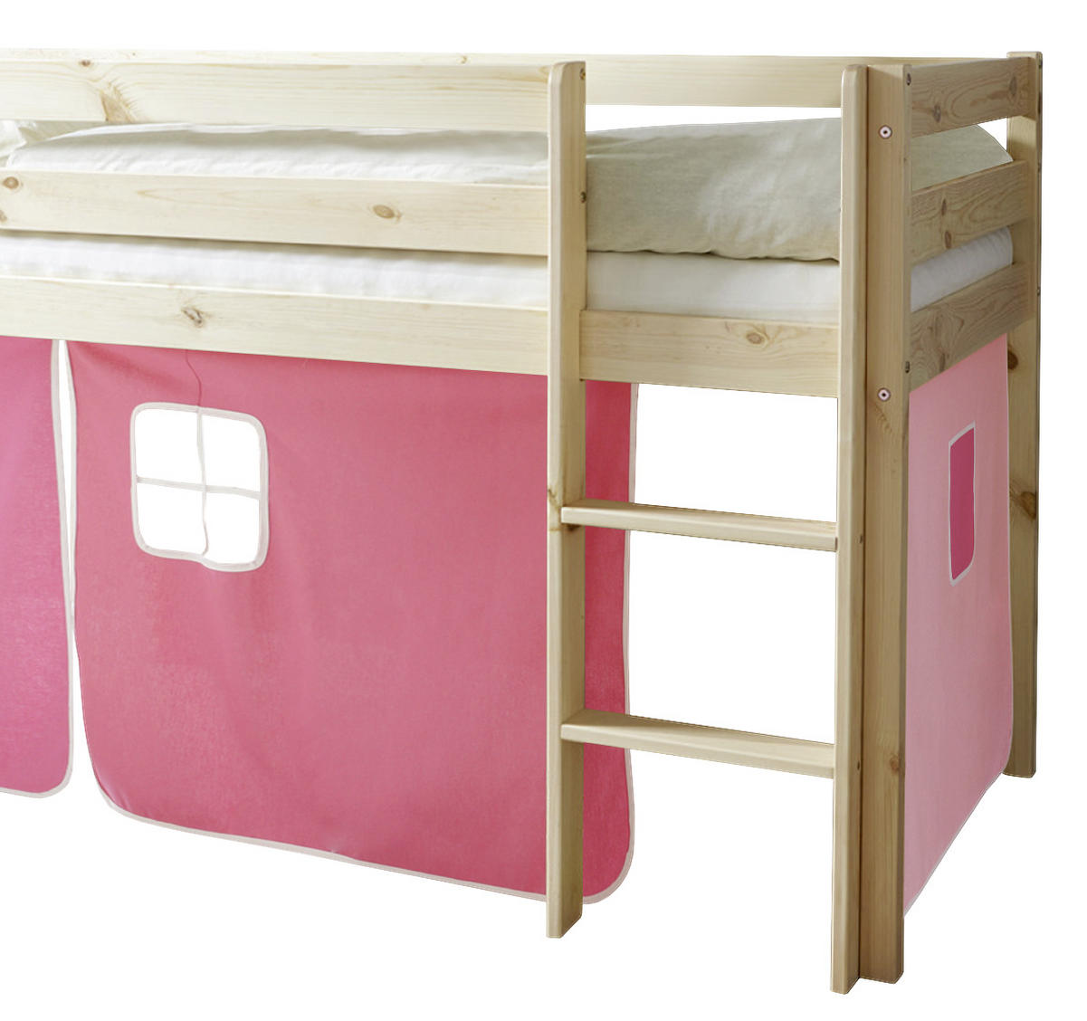 HOCHBETT 90/200 cm,  in Naturfarben, Rosa, Pink, Leiter, Vorhang  - Pink/Naturfarben, Natur, Holz (90/200cm) - MID.YOU