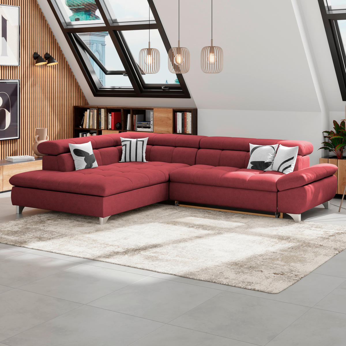 ECKSOFA Bordeaux Chenille  - Chromfarben/Bordeaux, KONVENTIONELL, Textil/Metall (234/312cm) - Livetastic