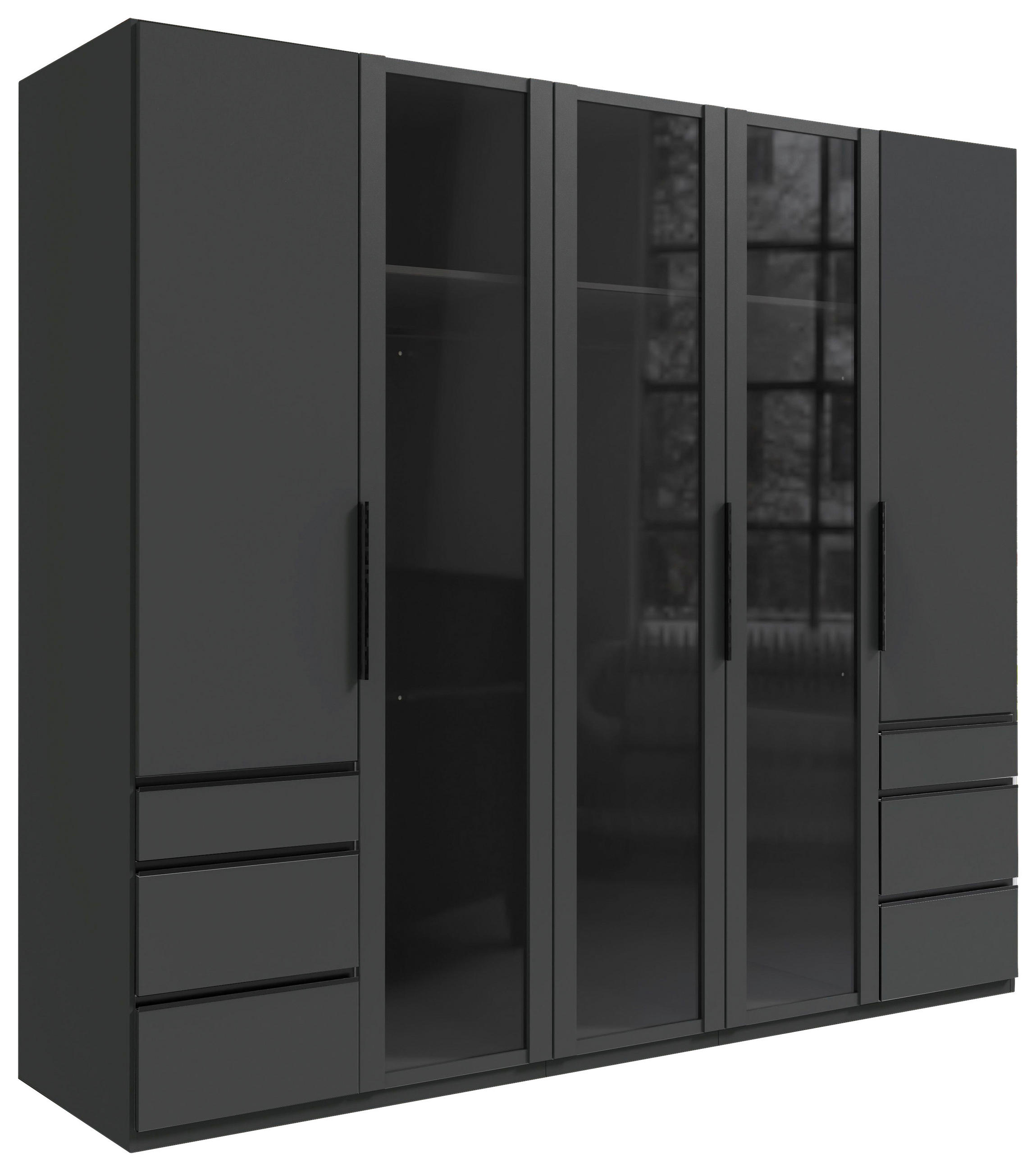 KLEIDERSCHRANK 250/216/58 cm,  in Graphitfarben, 5-türig  - Schwarz/Graphitfarben, Design, Glas/Holzwerkstoff (250/216/58cm) - Hom`in