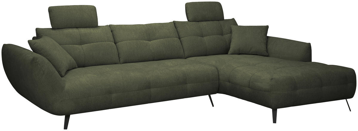 ECKSOFA Dunkelgrün Chenille Armlehnenkissen, Rücken echt, Sitztiefenverstellung  - Dunkelgrün/Schwarz, KONVENTIONELL, Textil/Metall (313/215cm) - Hom`in