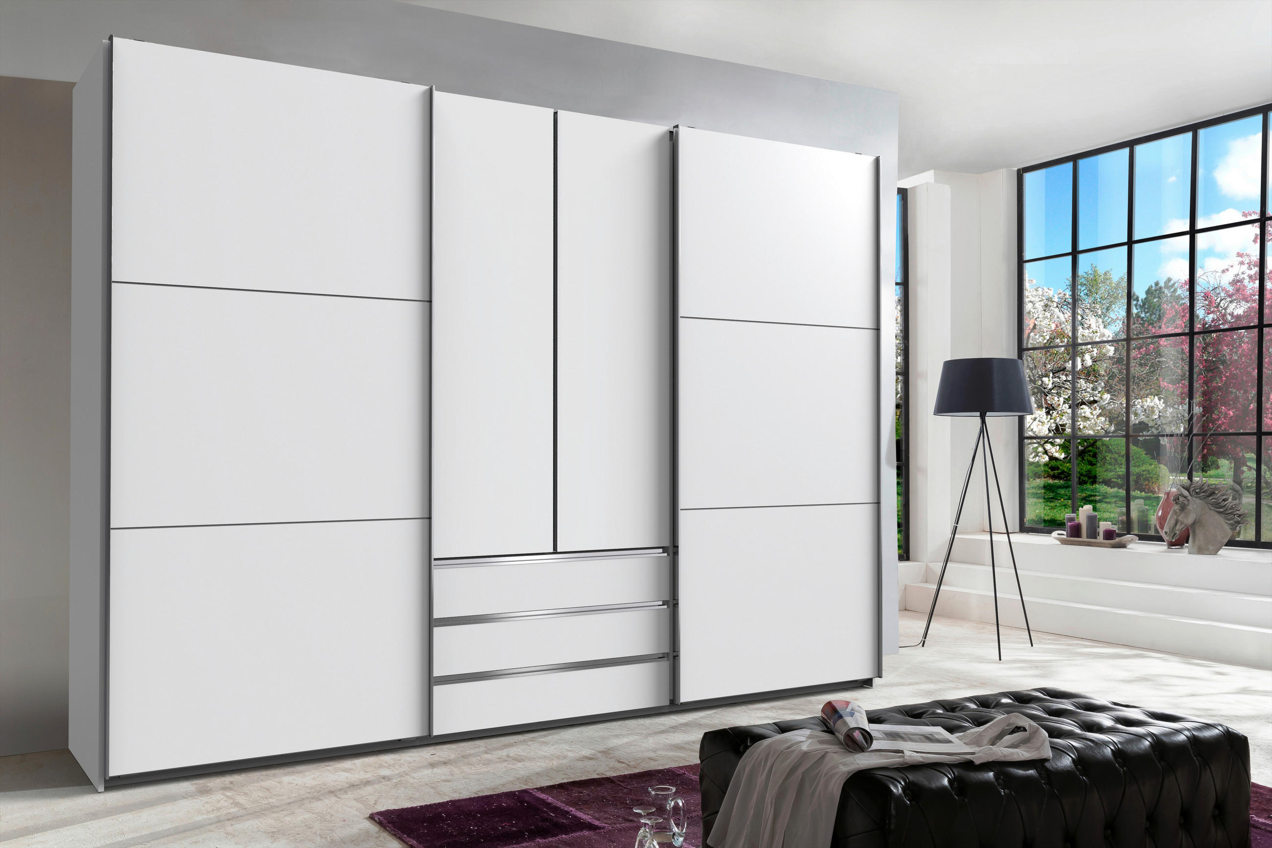 SCHWEBETÜRENSCHRANK 300/216/65 cm 4-türig Weiß  - Chromfarben/Weiß, MODERN, Holzwerkstoff/Metall (300/216/65cm) - MID.YOU