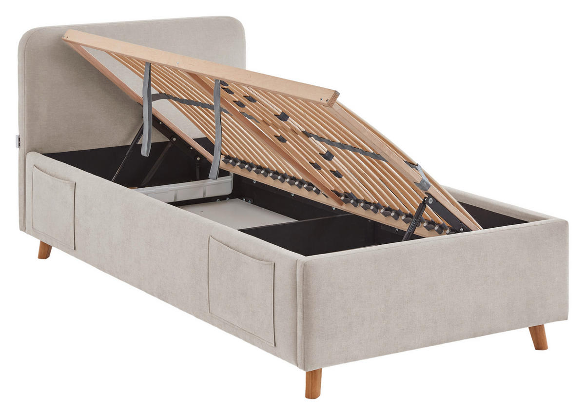 POLSTERBETT 90/200 cm,  in Eichefarben, Beige, Lattenrost, Bettkasten, Betttasche,  - Eichefarben/Birkefarben, KONVENTIONELL, Holz/Textil (90/200cm) - Boxxx