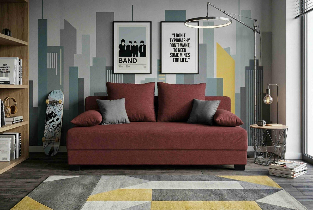 ROZKLÁDACÍ POHOVKA, textil, kompozitní dřevo, červená - šedá/růžová, Design, kompozitní dřevo/textil (200/90/110cm) - P & B