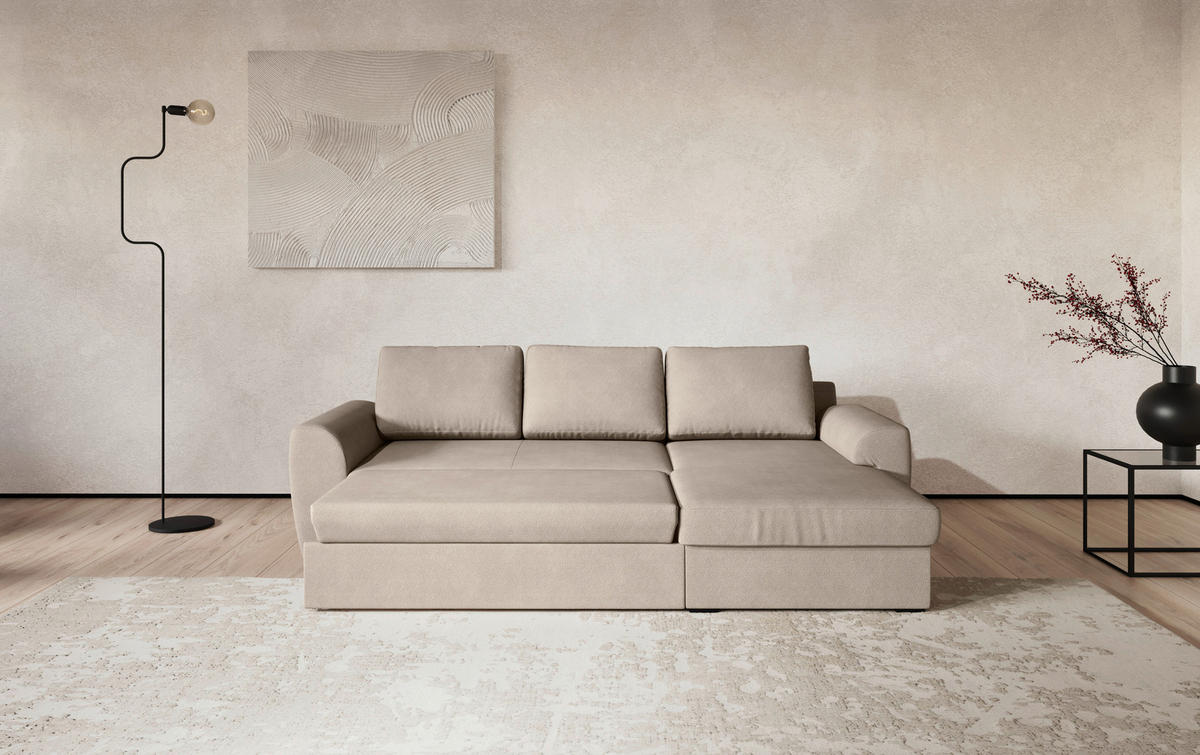 ECKSOFA Chenille Naturfarben  - Schwarz/Naturfarben, Trend, Kunststoff/Textil (253/154cm) - MID.YOU