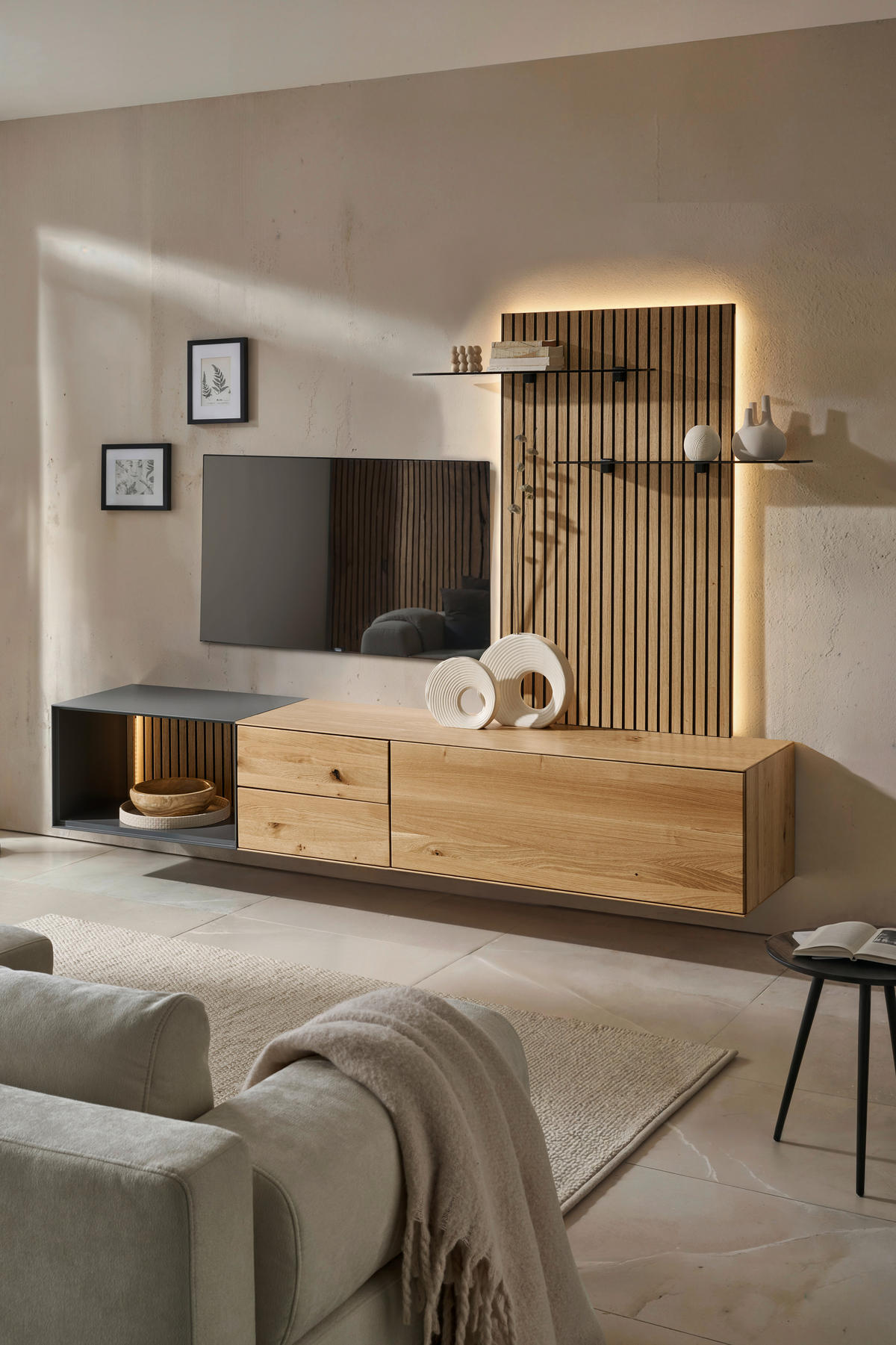 WOHNWAND 3-teilig  in Anthrazit, Eichefarben  261/160/50 cm  - Eichefarben/Anthrazit, Design, Glas/Holz (261/160/50cm) - Dieter Knoll