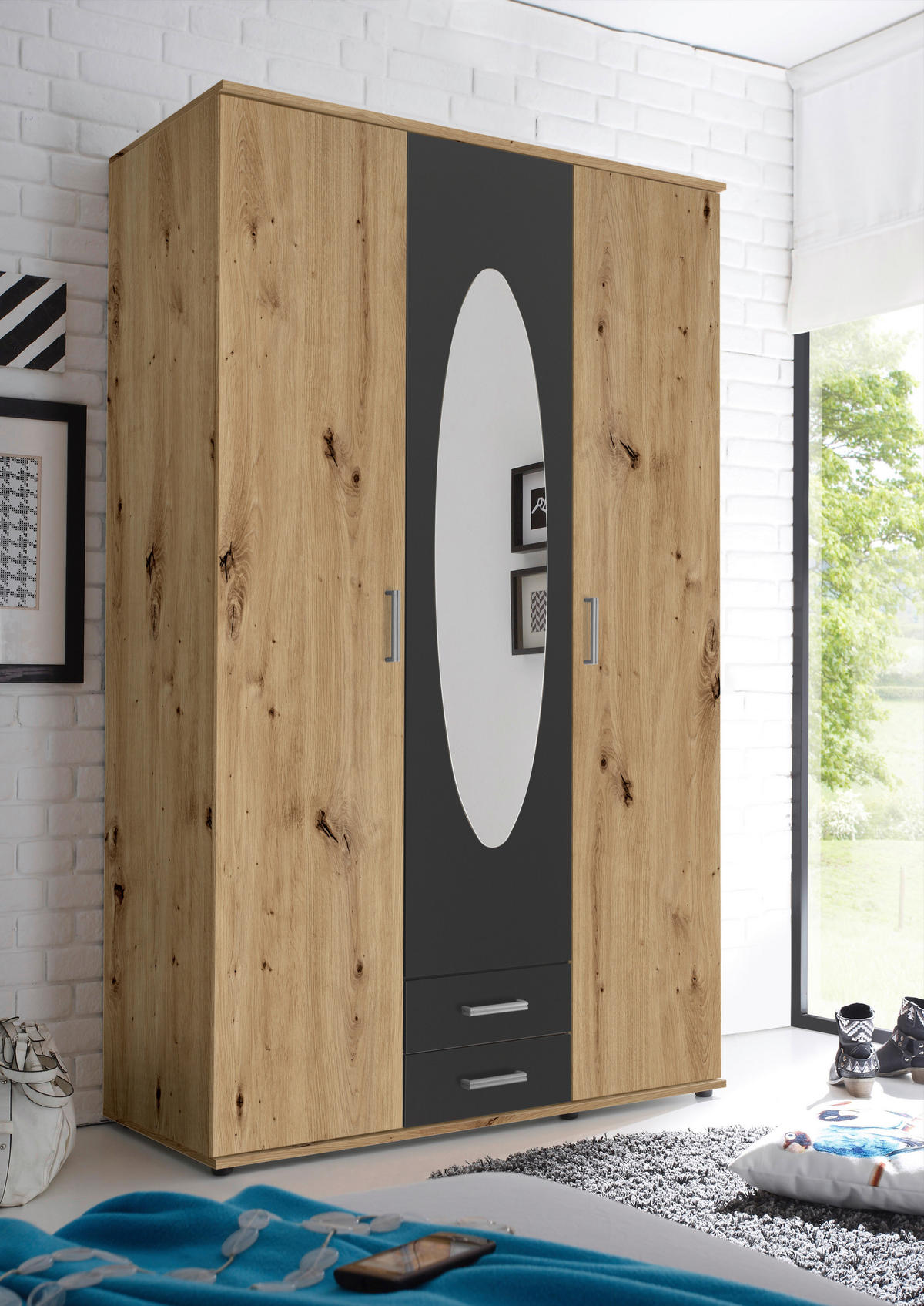 DREHTÜRENSCHRANK 120/195/55 cm,  in Graphitfarben, Eiche Artisan, 3-türig  - Graphitfarben/Alufarben, Basics, Glas/Holzwerkstoff (120/195/55cm) - P & B