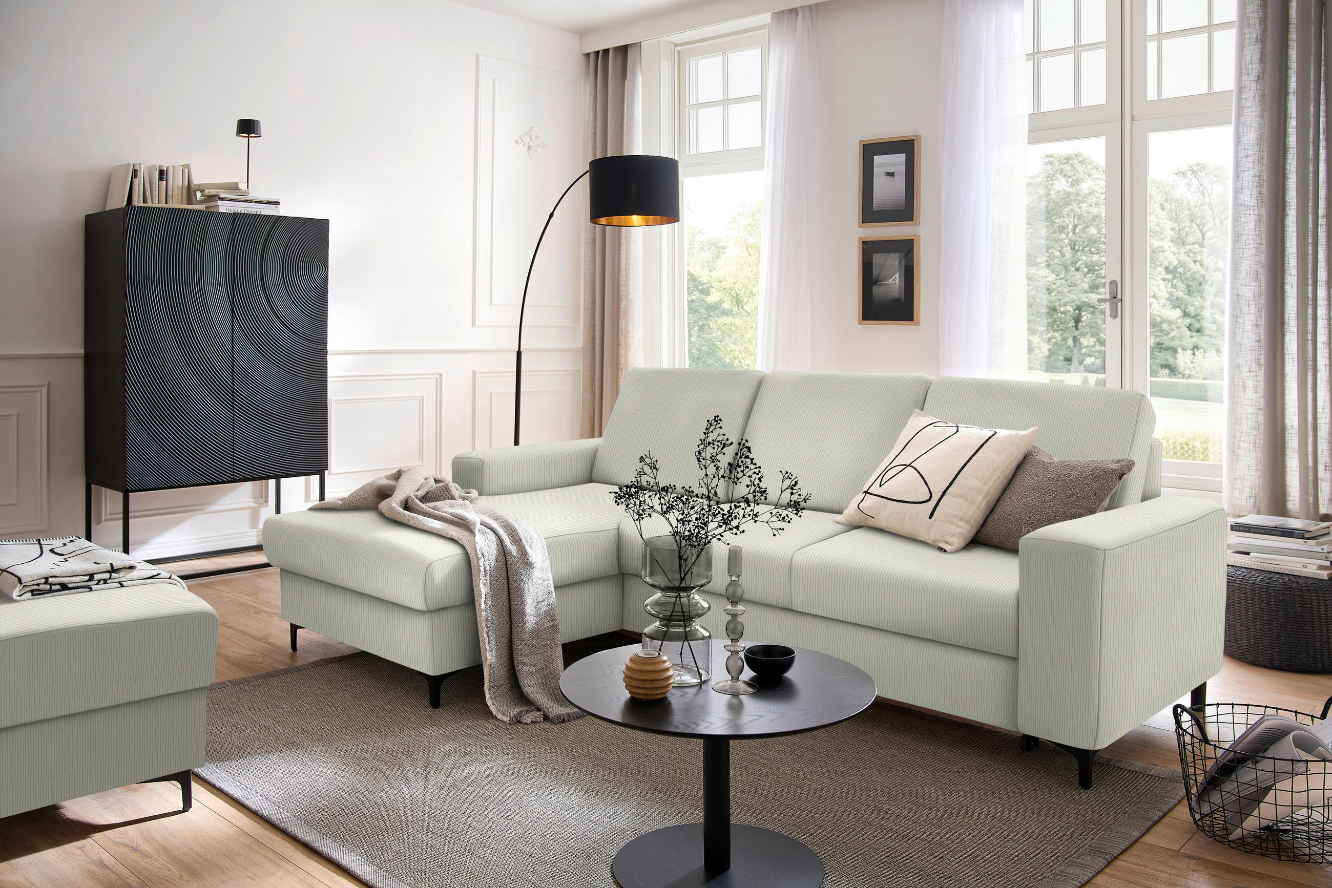 ECKSOFA in Cord Ecru  - Ecru/Schwarz, Konventionell, Textil/Metall (167/247cm) - Stylife