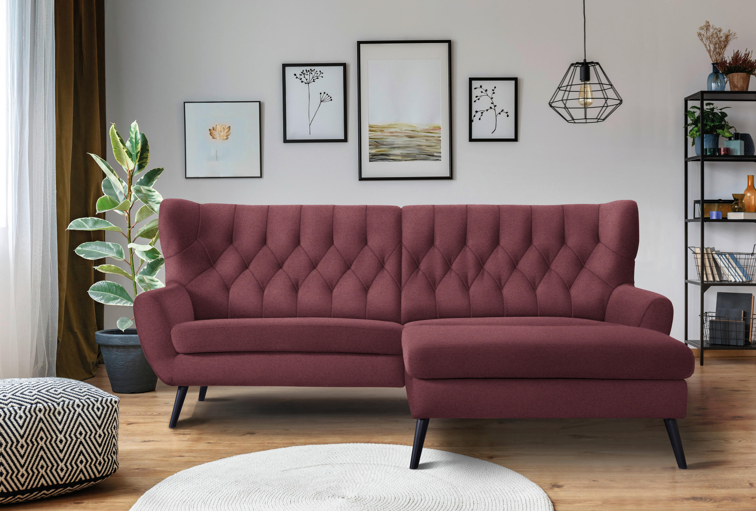ECKSOFA in Mikrofaser Weinrot - Weinrot/Schwarz, Design, Holz/Textil (237/165cm) - Stylife