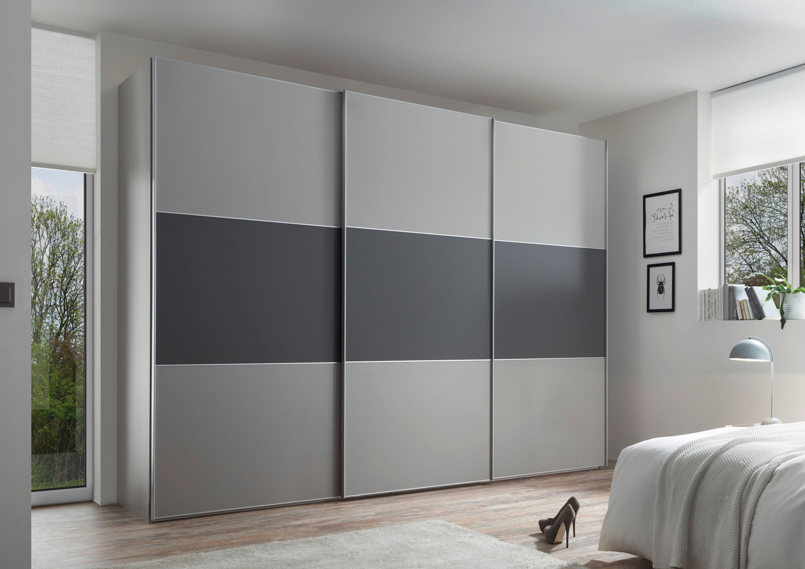 SCHWEBETÜRENSCHRANK 249/222/68 cm 3-türig Anthrazit, Hellgrau  - Anthrazit/Hellgrau, Holzwerkstoff/Metall (249/222/68cm) - Moderano