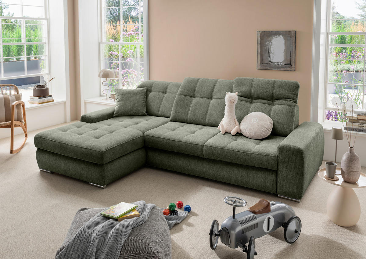 ECKSOFA Chenille Dunkelgrün  - Chromfarben/Dunkelgrün, Konventionell, Textil/Metall (186/283cm) - Livetastic