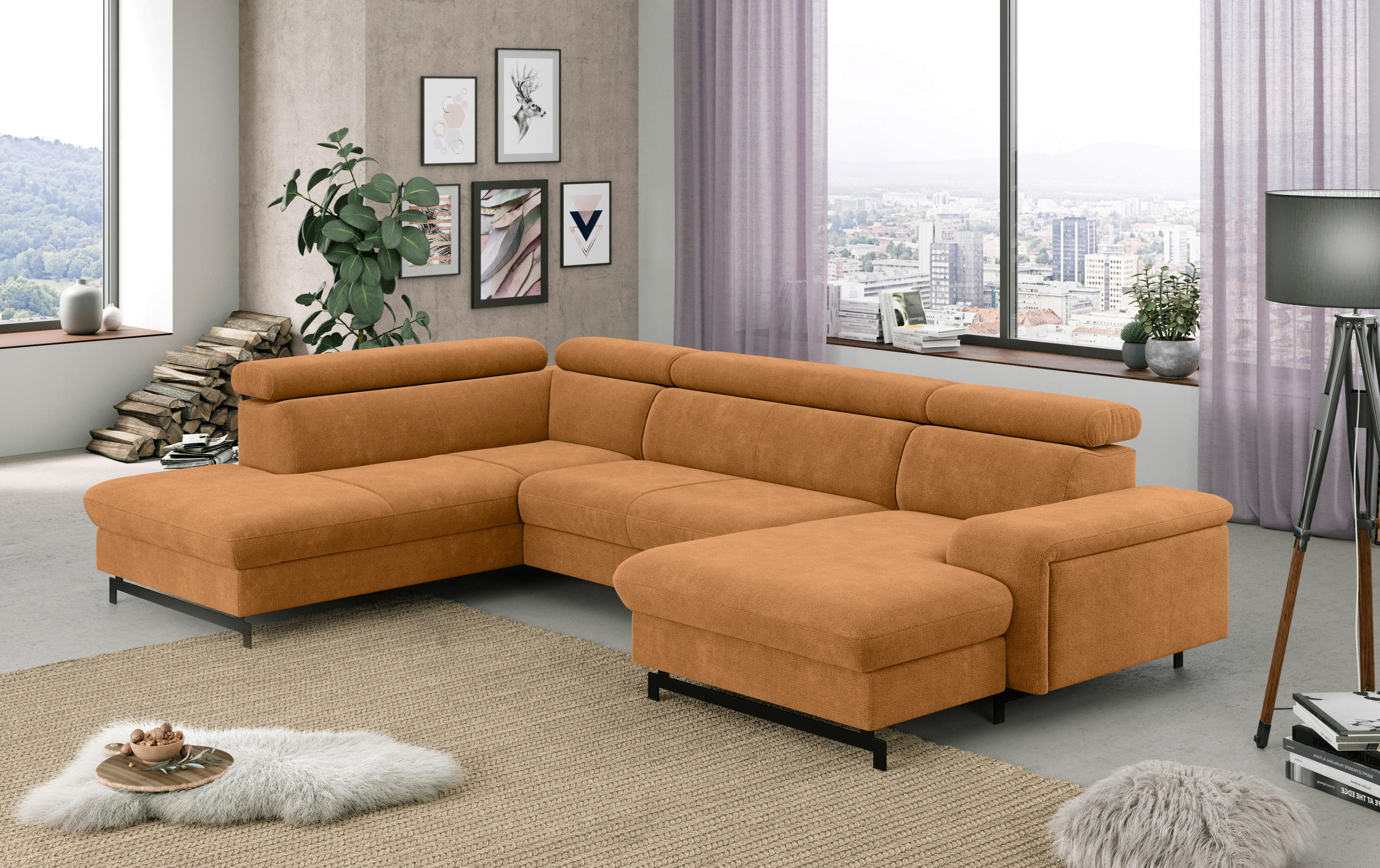 WOHNLANDSCHAFT in Chenille Cognac - Cognac/Schwarz, Textil/Metall (215/328/165cm) - MID.YOU